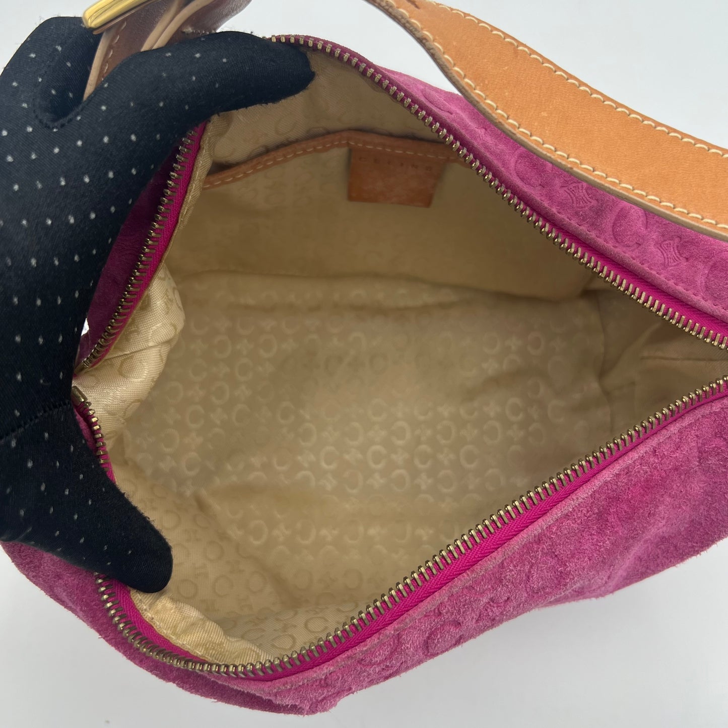 Celine Paris Pink C Triomphe Suede Hobo Shoulder Bag