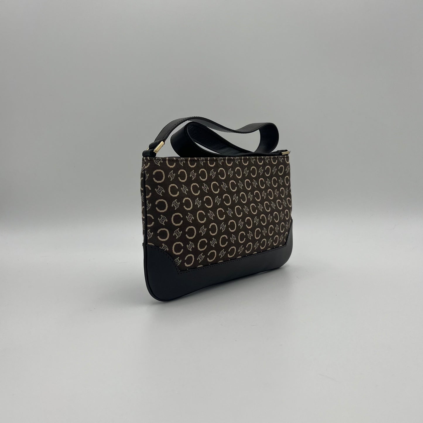 Celine Paris Brown C Triomphe Cloth and Leather Shoulder Bag
