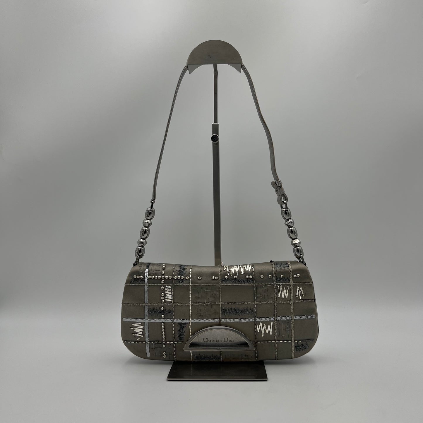 Christian Dior Silver Satin Embellished Malice Pearl Shoulder Bag