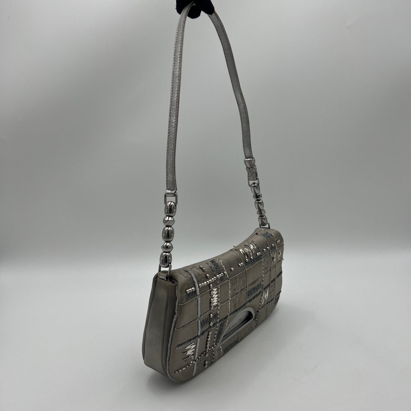 Christian Dior Silver Satin Embellished Malice Pearl Shoulder Bag