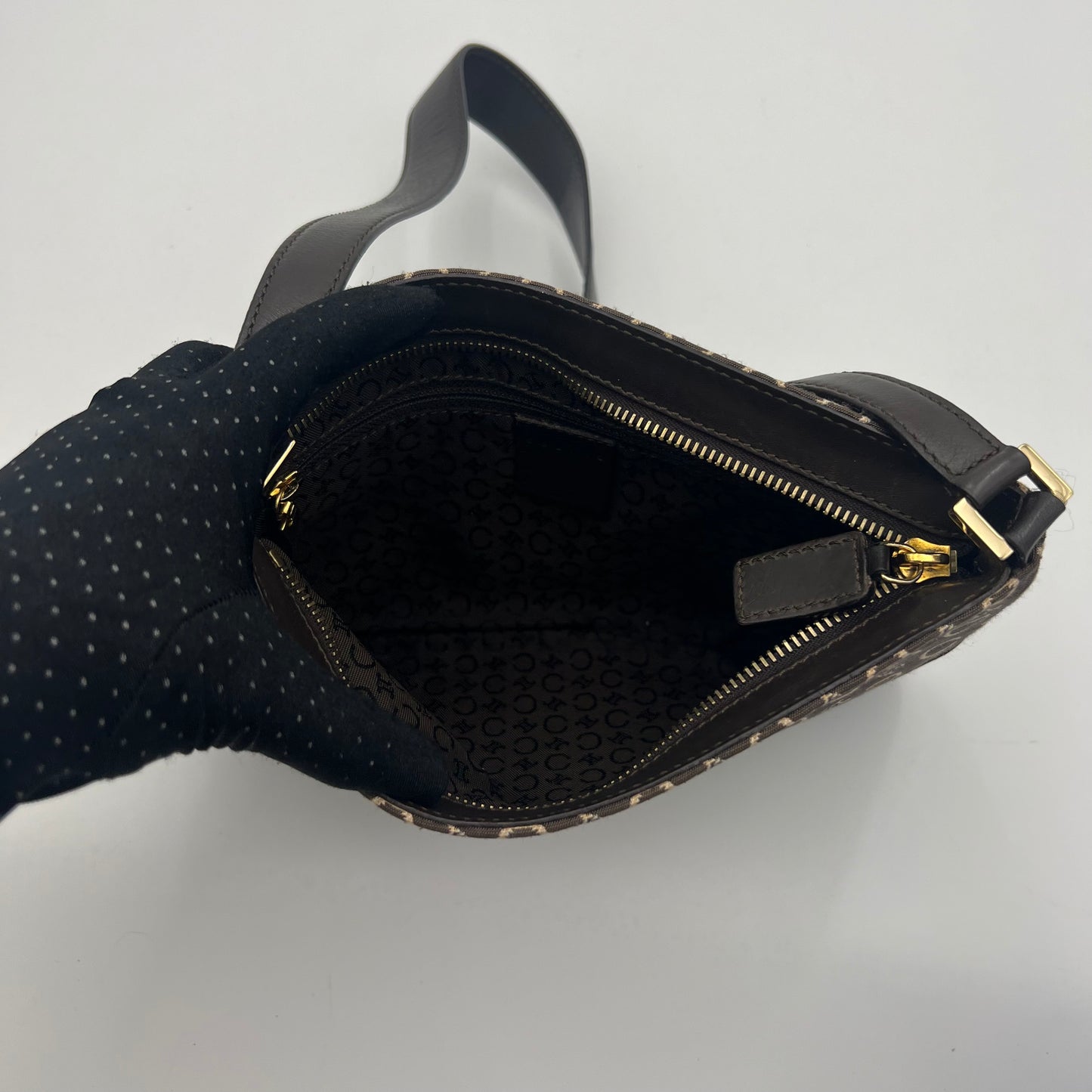 Celine Paris Brown C Triomphe Cloth and Leather Shoulder Bag