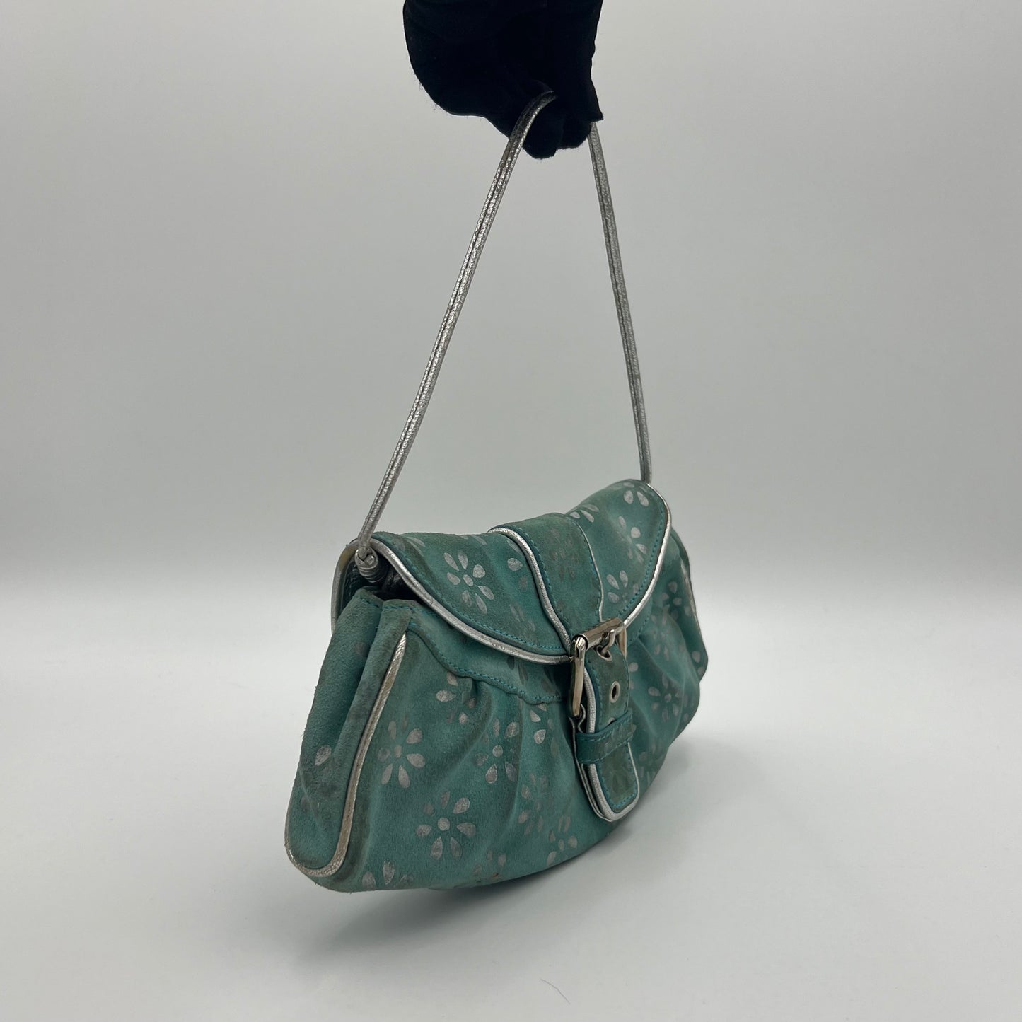 Celine Paris Light Blue Suede Silver Floral Shoulder Bag