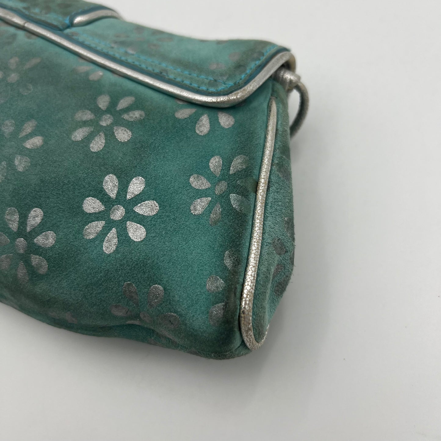 Celine Paris Light Blue Suede Silver Floral Shoulder Bag