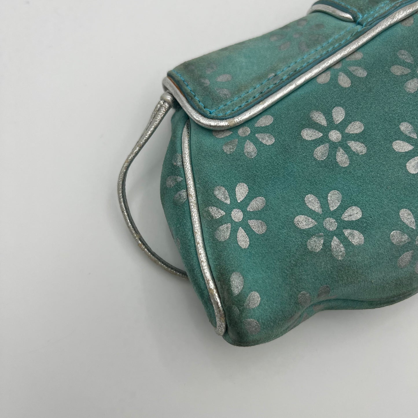 Celine Paris Light Blue Suede Silver Floral Shoulder Bag