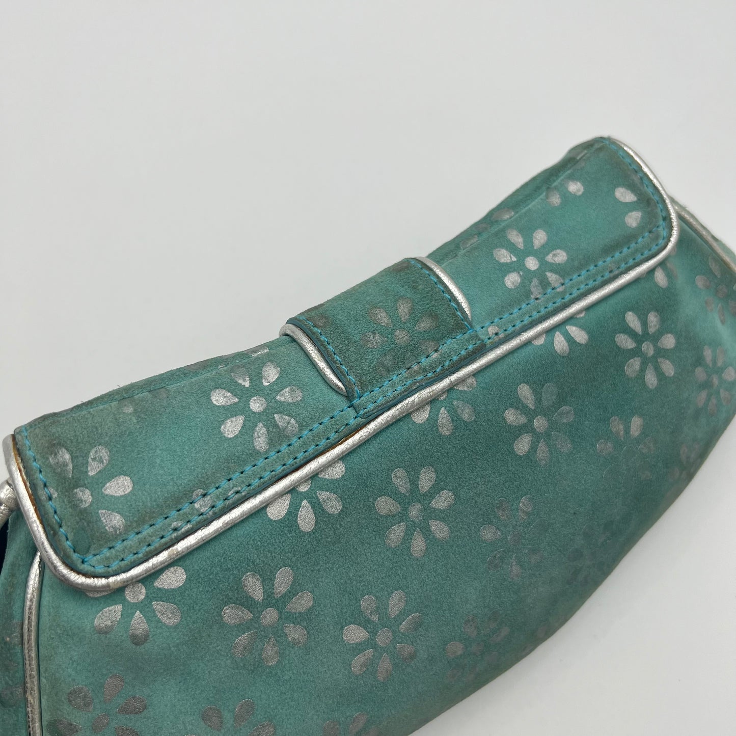 Celine Paris Light Blue Suede Silver Floral Shoulder Bag