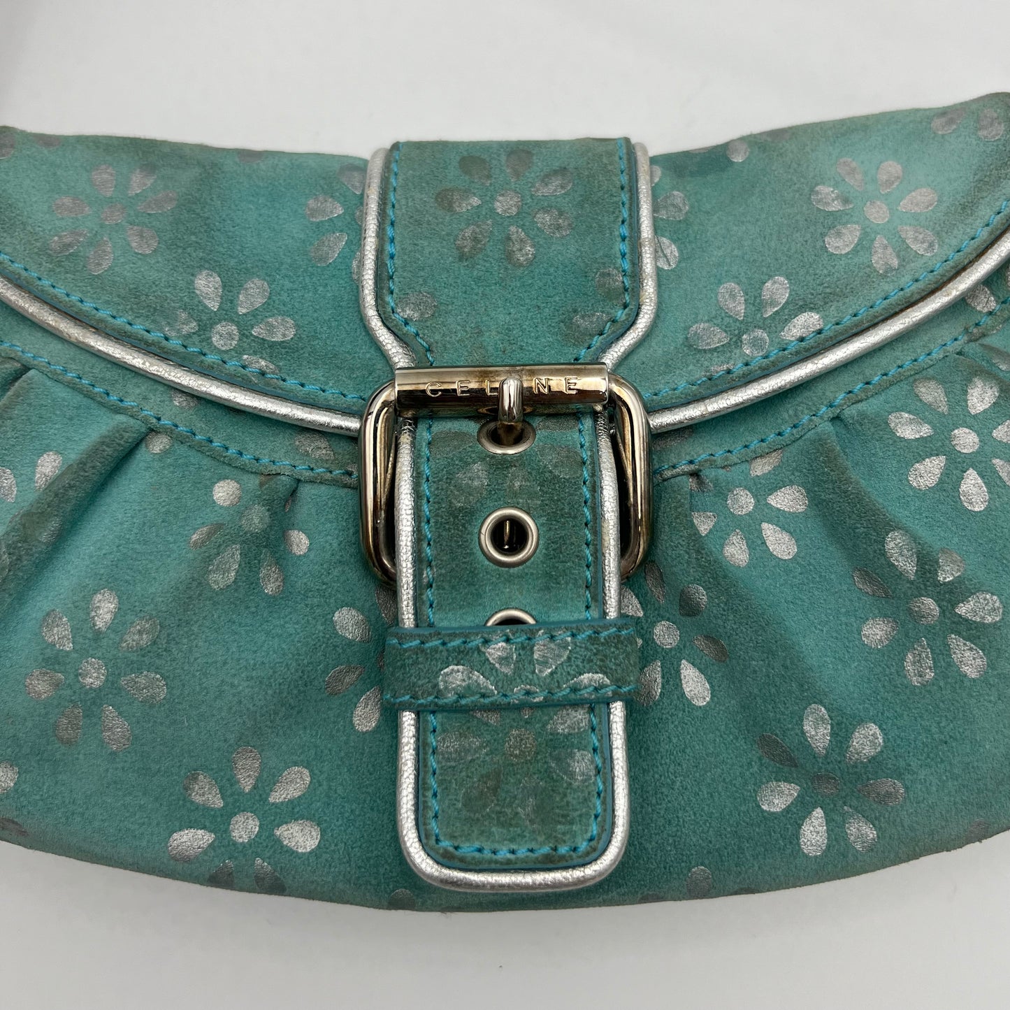 Celine Paris Light Blue Suede Silver Floral Shoulder Bag