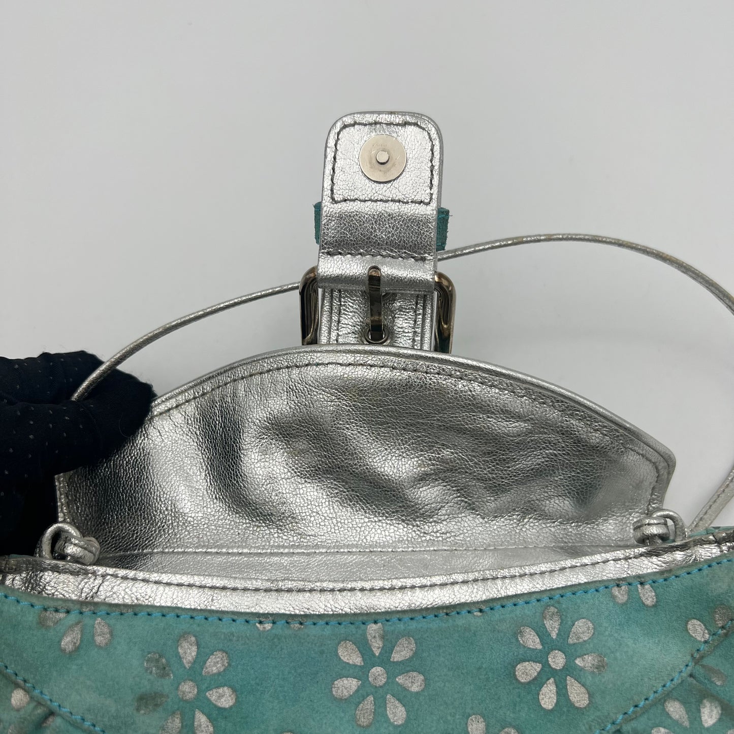 Celine Paris Light Blue Suede Silver Floral Shoulder Bag