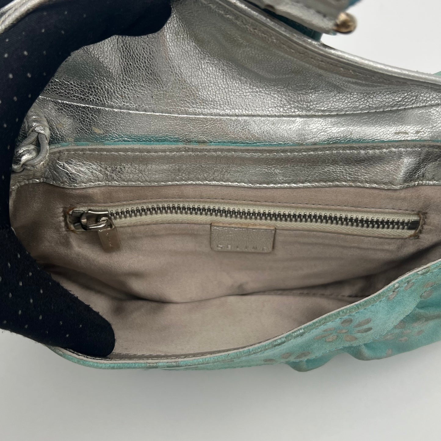 Celine Paris Light Blue Suede Silver Floral Shoulder Bag