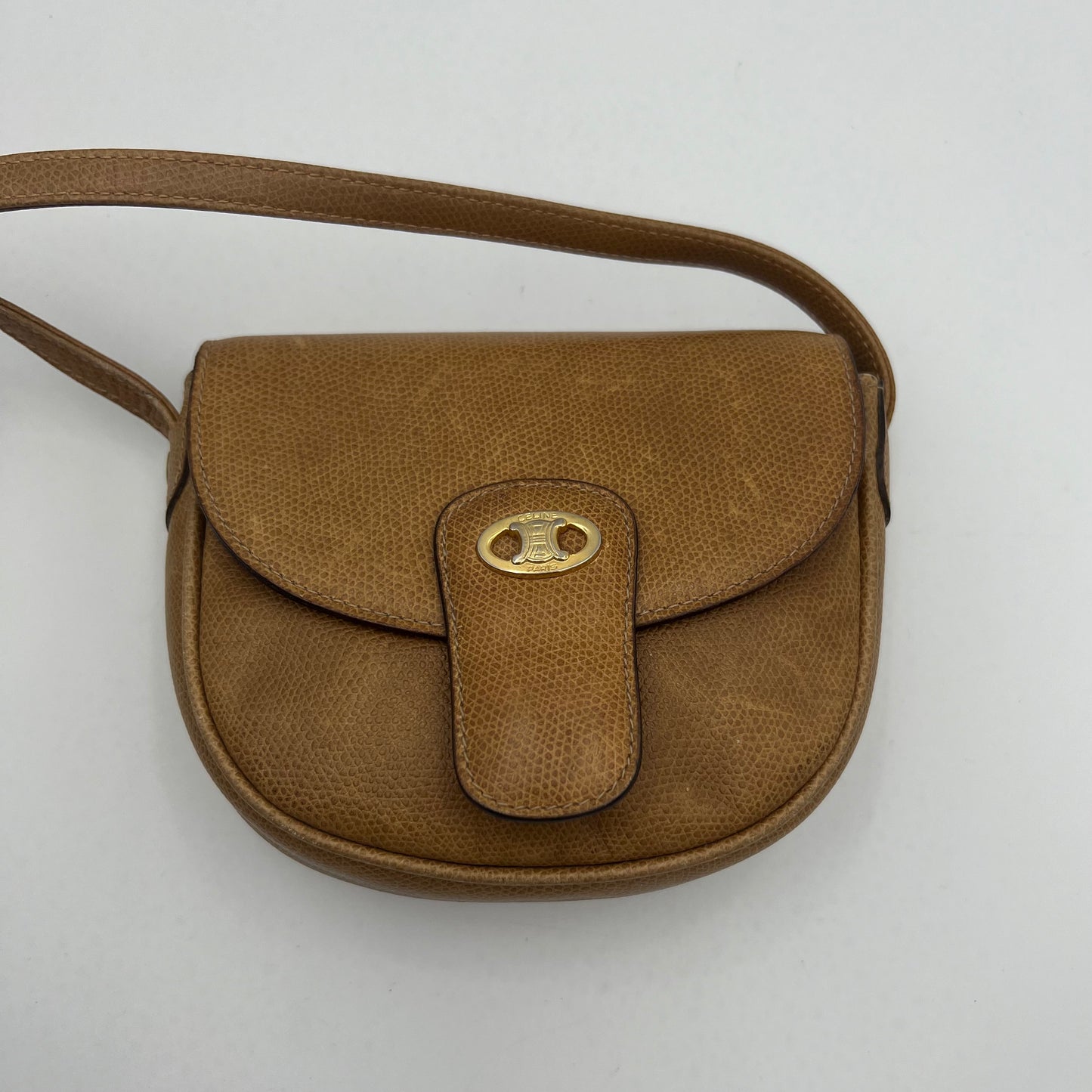 Celine Paris Camel Grained Leather Triomphe Mini Flap Crossbody