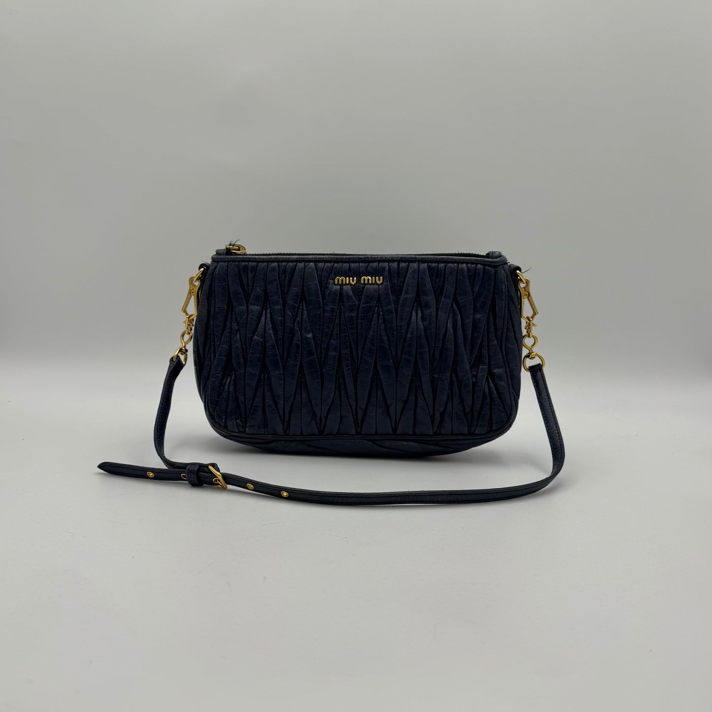 Miu Miu Blue Matelasse Leather Lock Charm Long Strap Pochette GHW