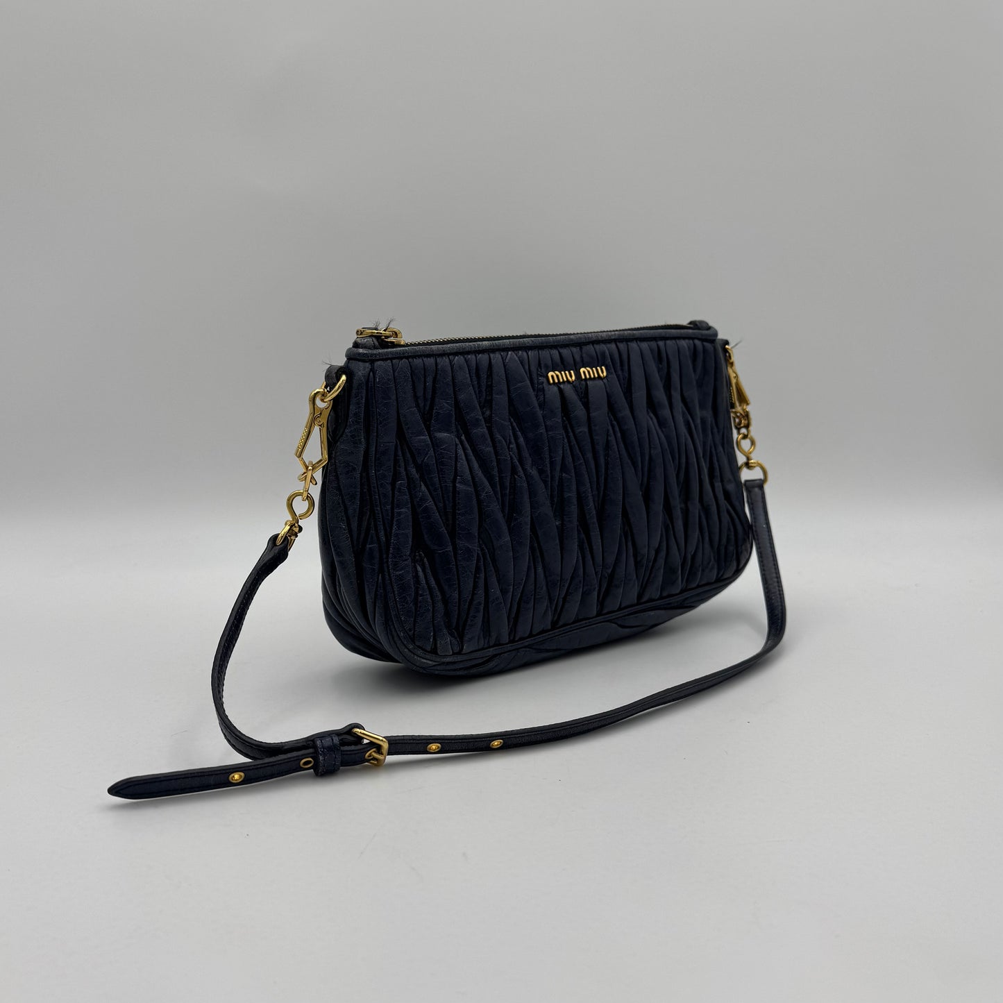 Miu Miu Blue Matelasse Leather Lock Charm Long Strap Pochette GHW