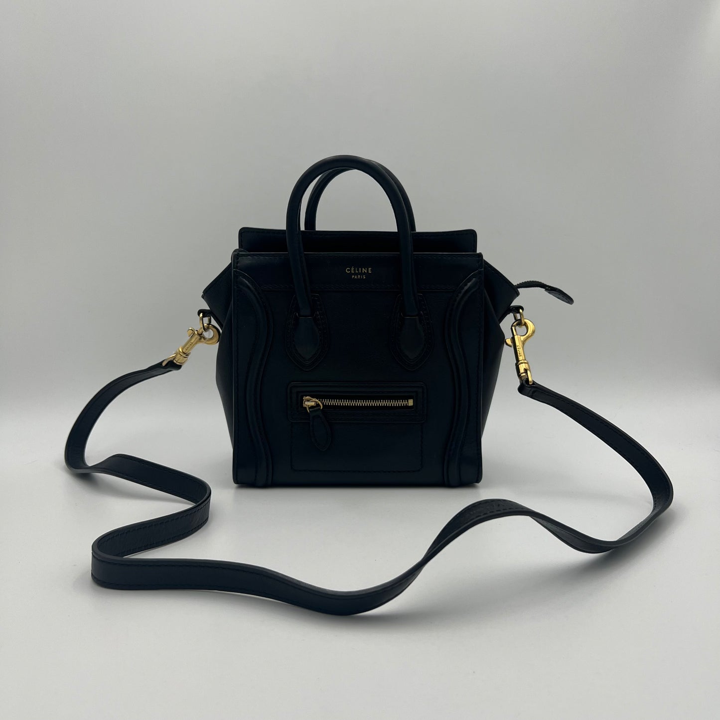 Celine Paris Black Calfskin Nano Luggage with Long Strap GHW