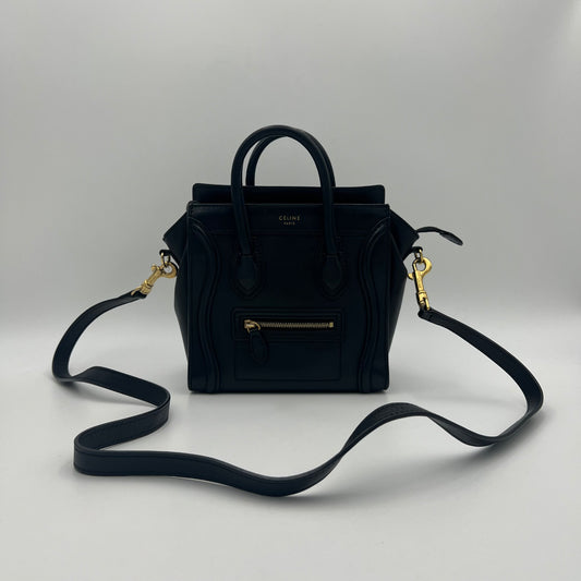 Celine Paris Black Calfskin Nano Luggage with Long Strap GHW