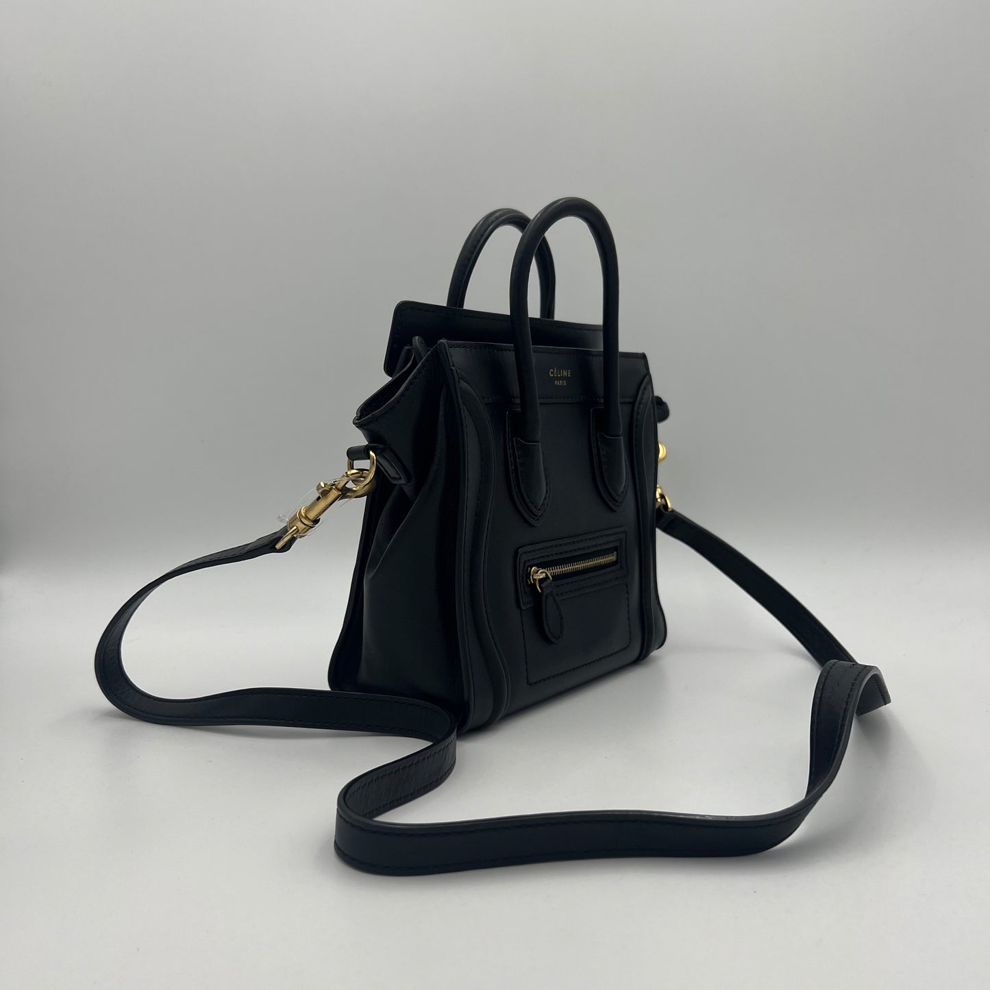 Celine Paris Black Calfskin Nano Luggage with Long Strap GHW