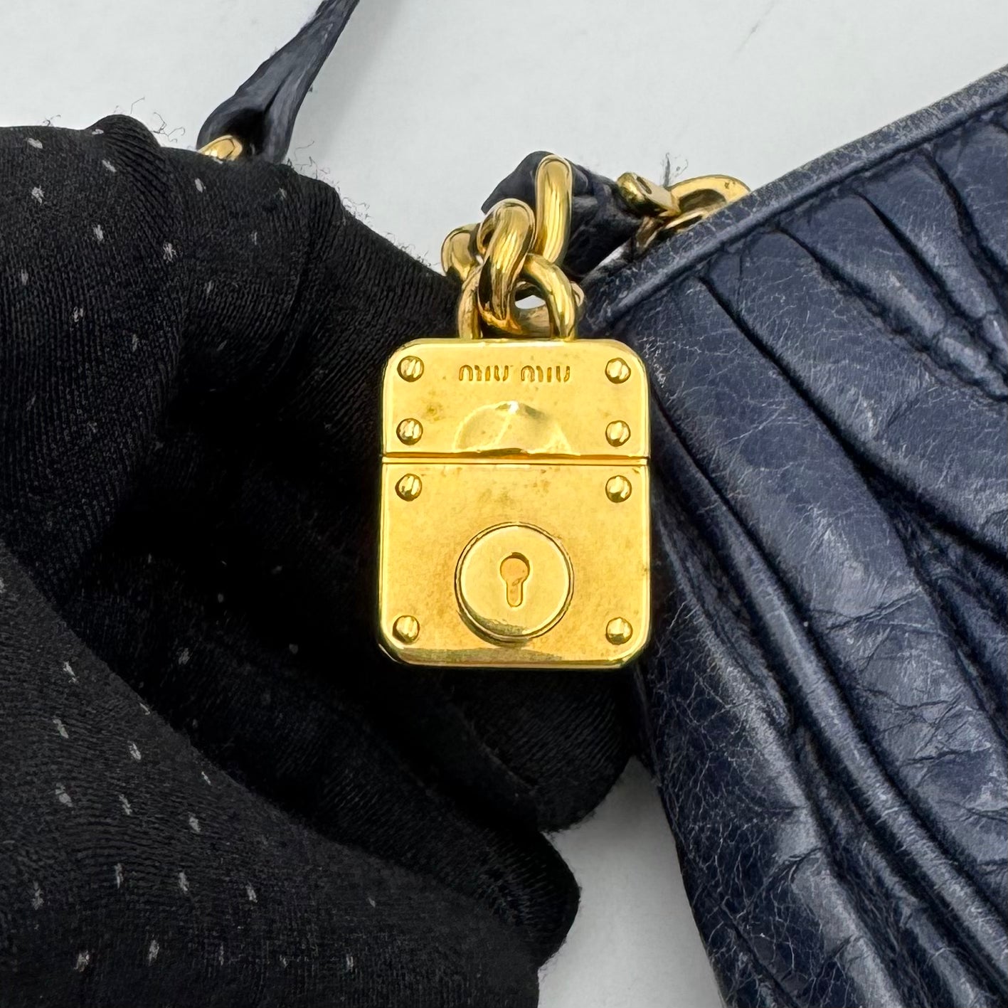 Miu Miu Blue Matelasse Leather Lock Charm Long Strap Pochette GHW