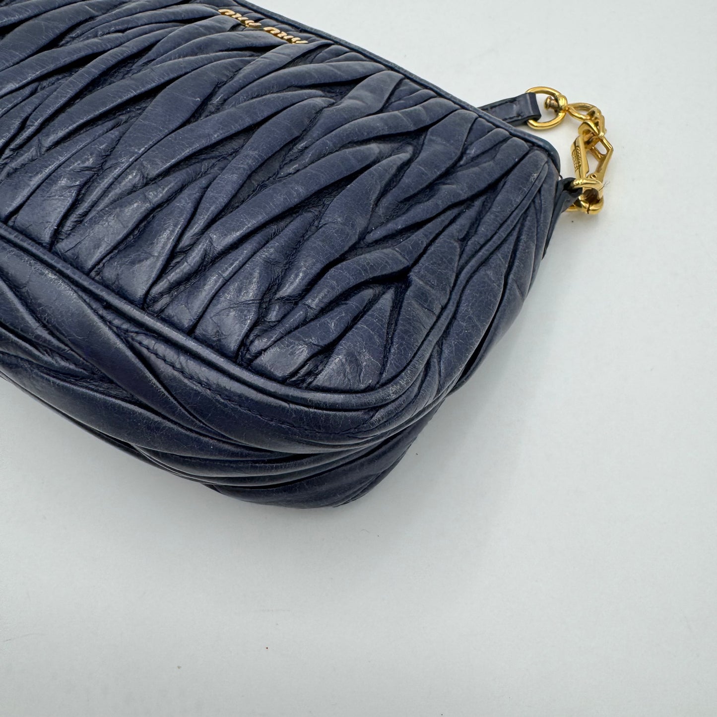 Miu Miu Blue Matelasse Leather Lock Charm Long Strap Pochette GHW