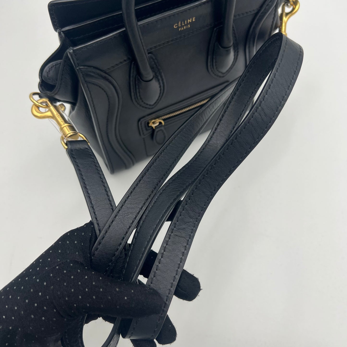 Celine Paris Black Calfskin Nano Luggage with Long Strap GHW
