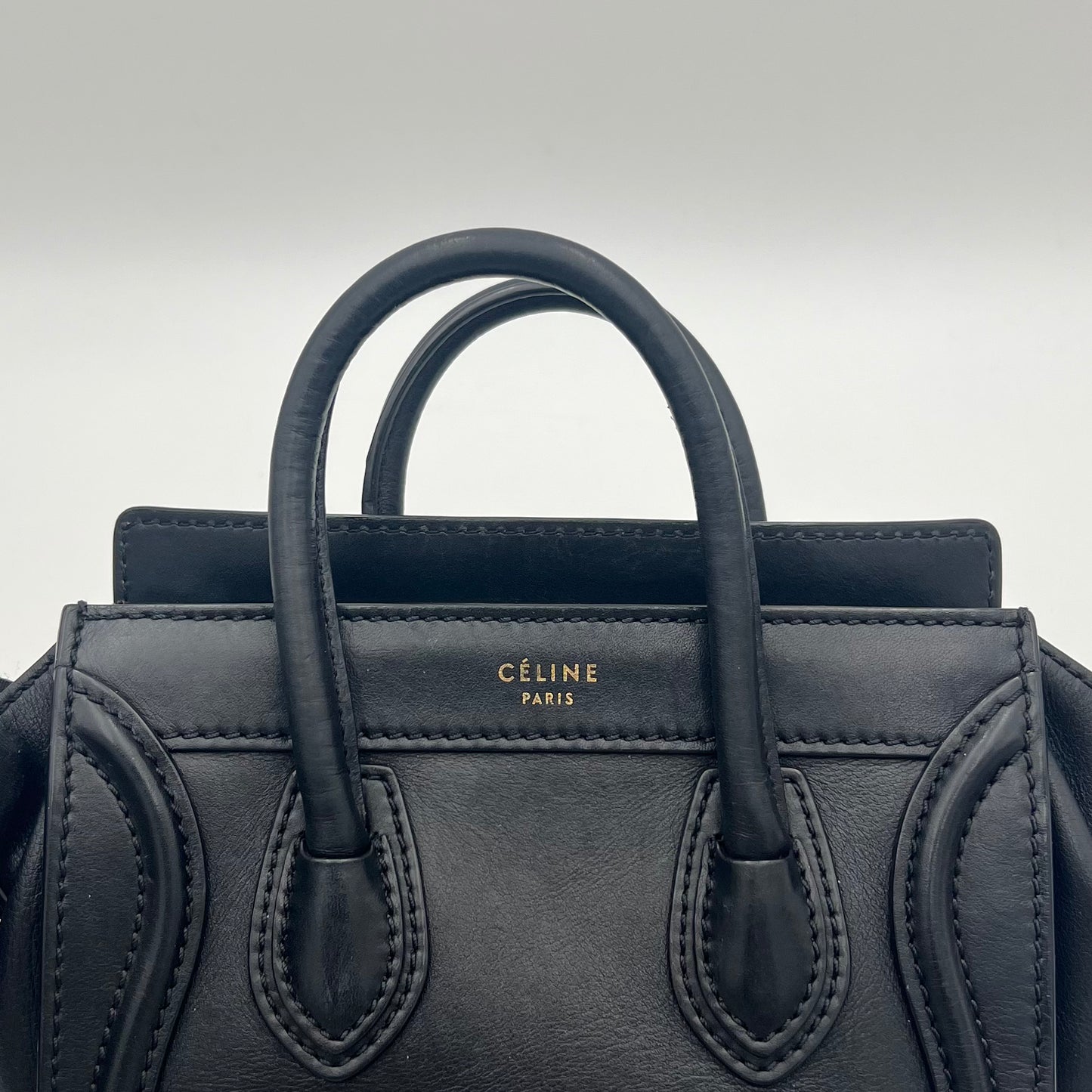 Celine Paris Black Calfskin Nano Luggage with Long Strap GHW