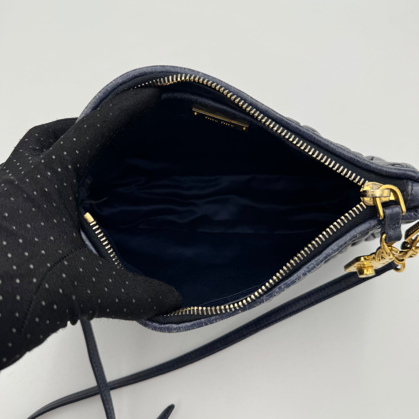 Miu Miu Blue Matelasse Leather Lock Charm Long Strap Pochette GHW