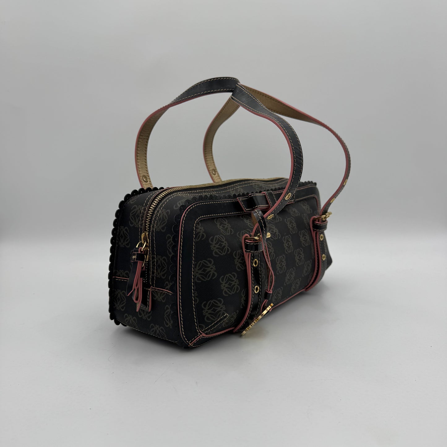 Loewe Black and Pink Anagram Bow Charm Boston Bag