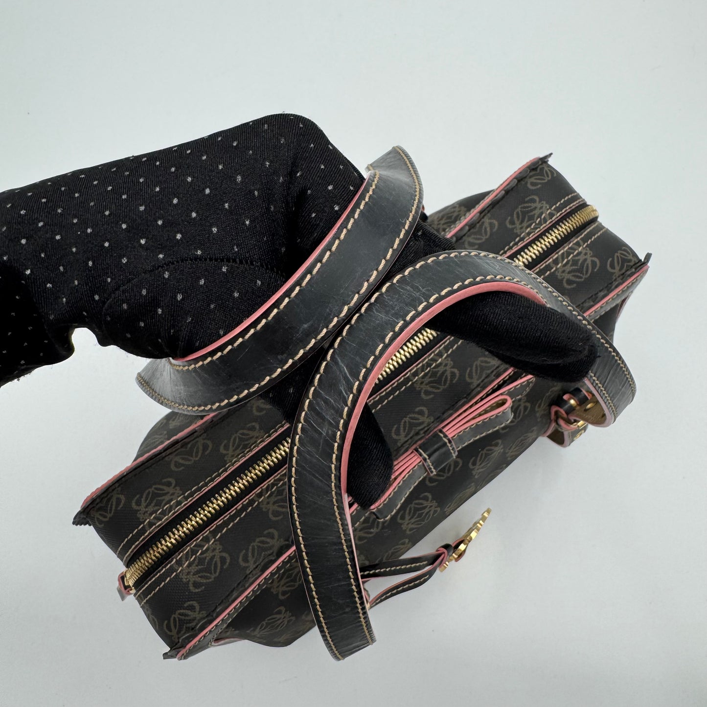 Loewe Black and Pink Anagram Bow Charm Boston Bag