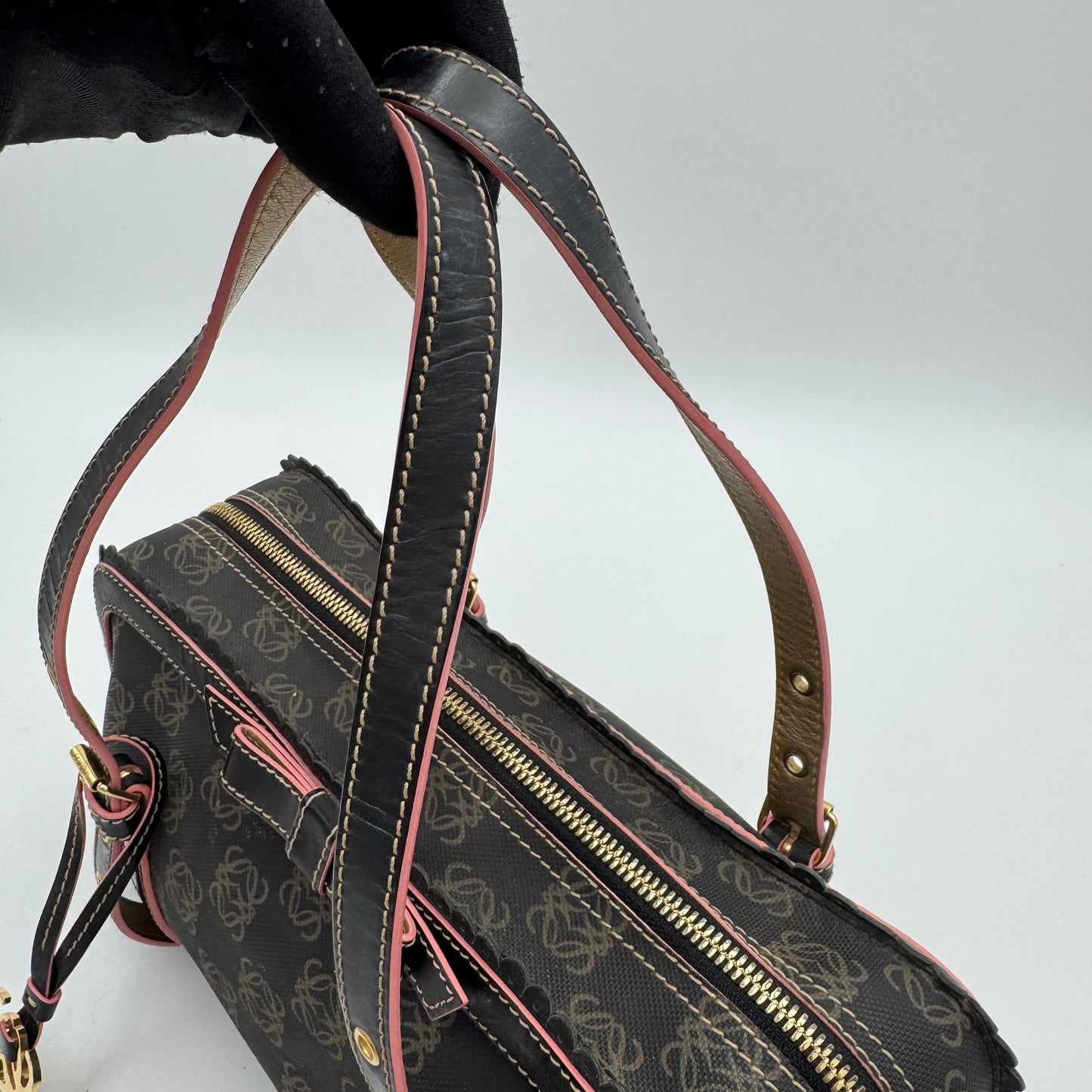 Loewe Black and Pink Anagram Bow Charm Boston Bag