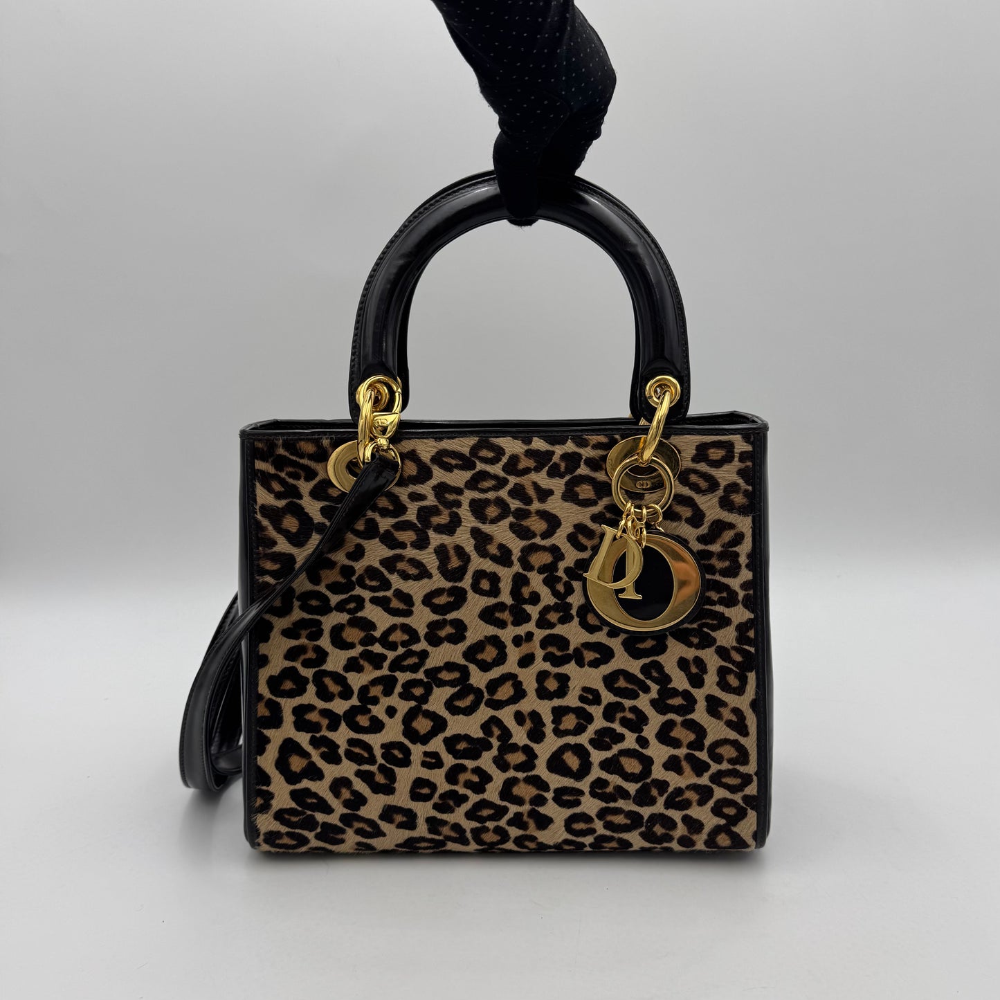 Christian Dior Leopard Print Fur Dark Brown Patent Leather Lady Dior with Long Strap GHW