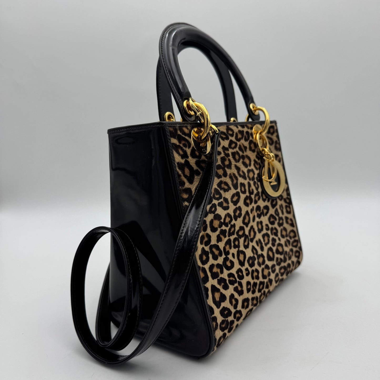 Christian Dior Leopard Print Fur Dark Brown Patent Leather Lady Dior with Long Strap GHW
