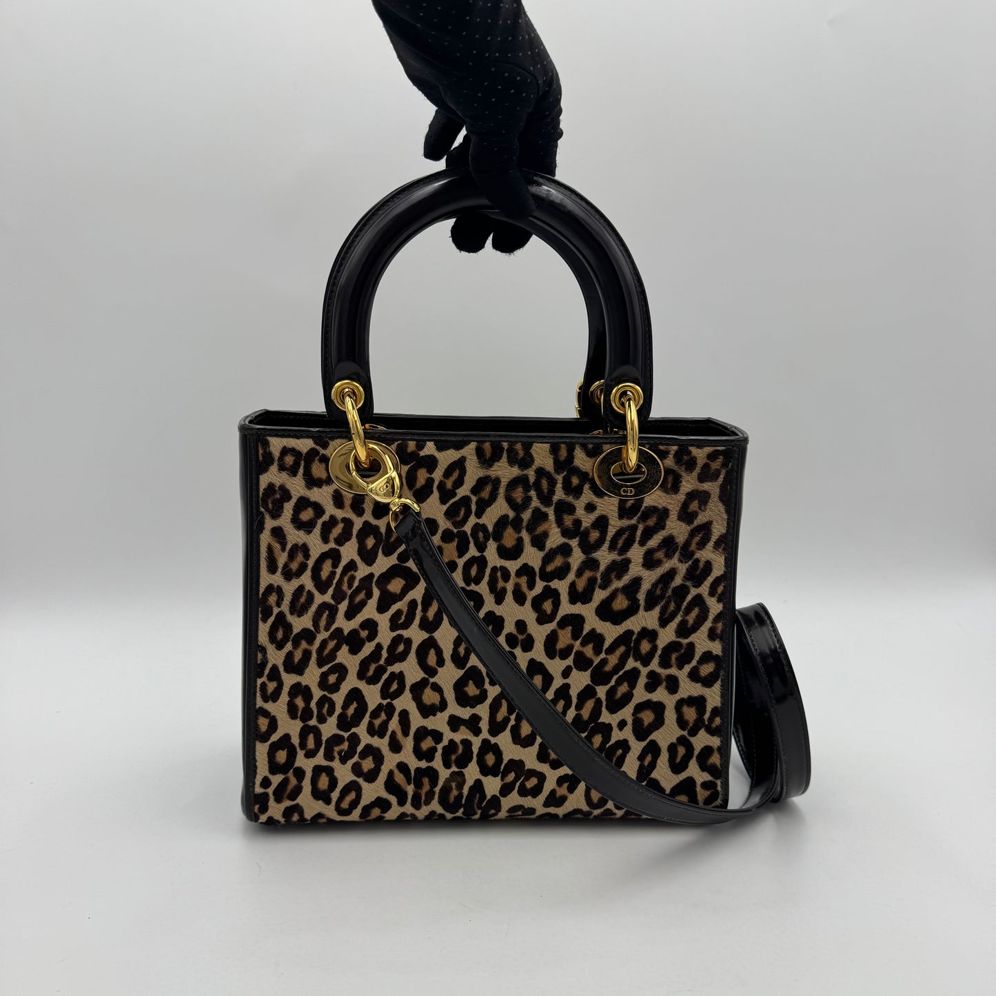Christian Dior Leopard Print Fur Dark Brown Patent Leather Lady Dior with Long Strap GHW