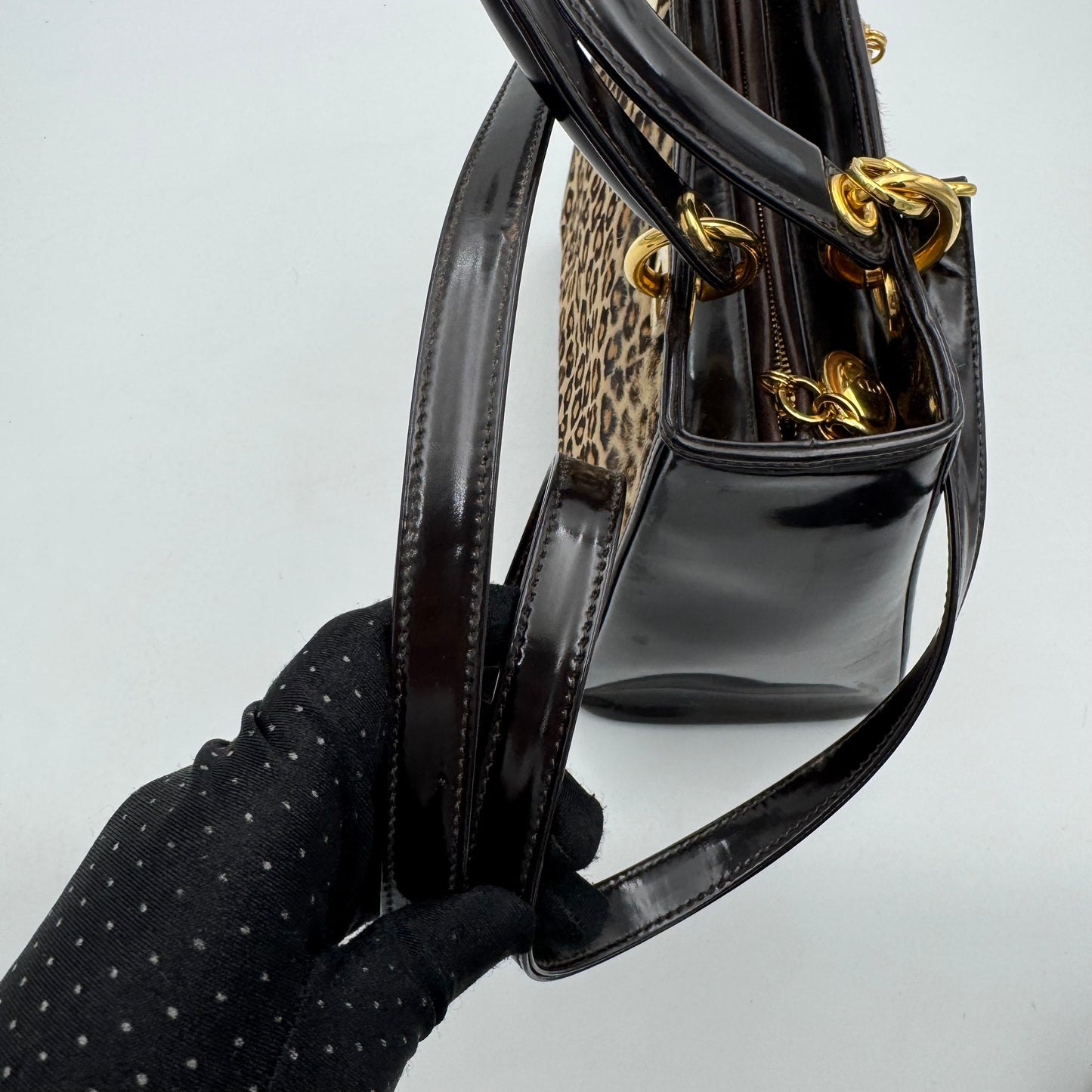 Christian Dior Leopard Print Fur Dark Brown Patent Leather Lady Dior with Long Strap GHW