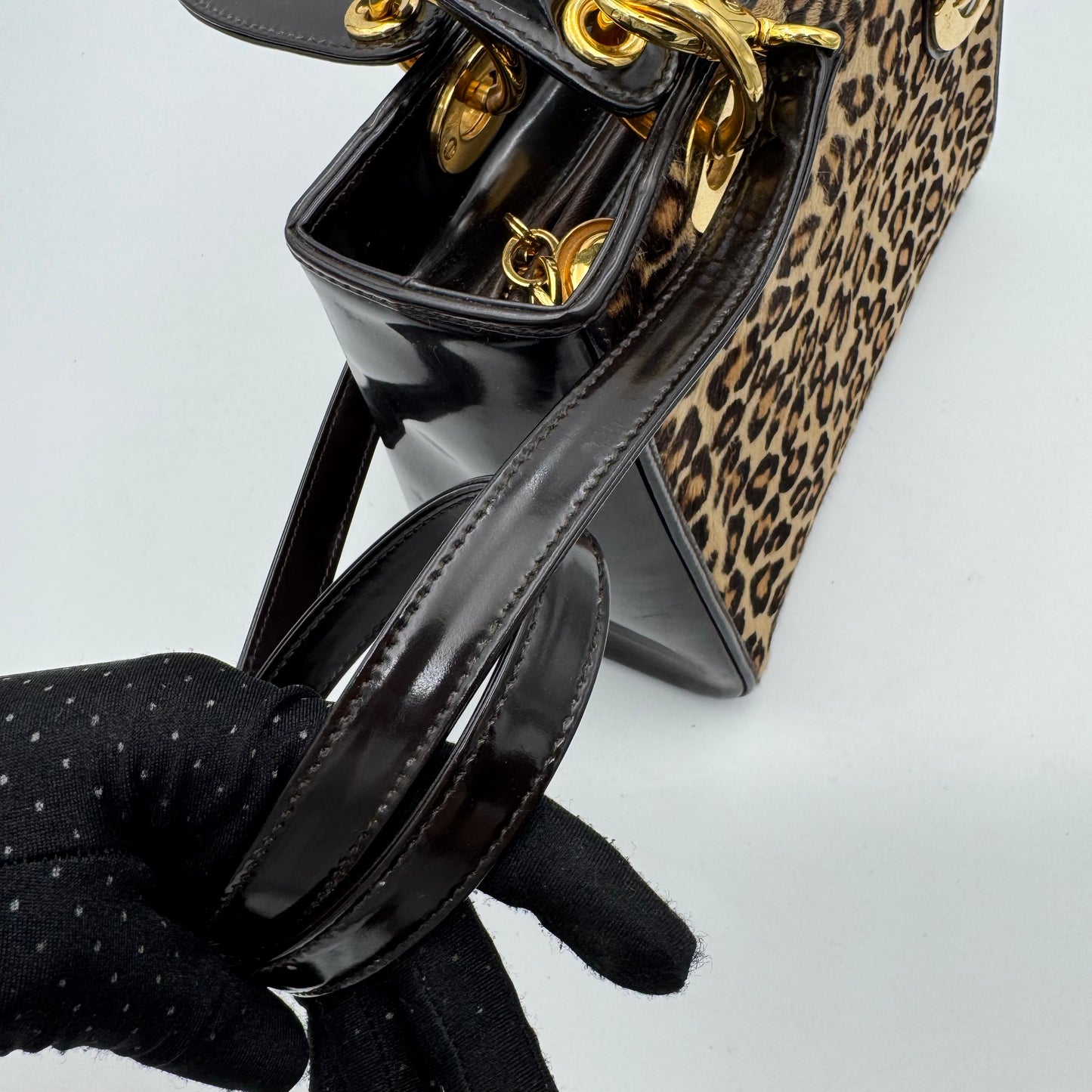 Christian Dior Leopard Print Fur Dark Brown Patent Leather Lady Dior with Long Strap GHW