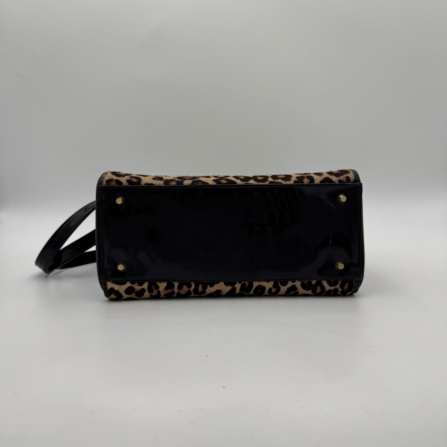 Christian Dior Leopard Print Fur Dark Brown Patent Leather Lady Dior with Long Strap GHW