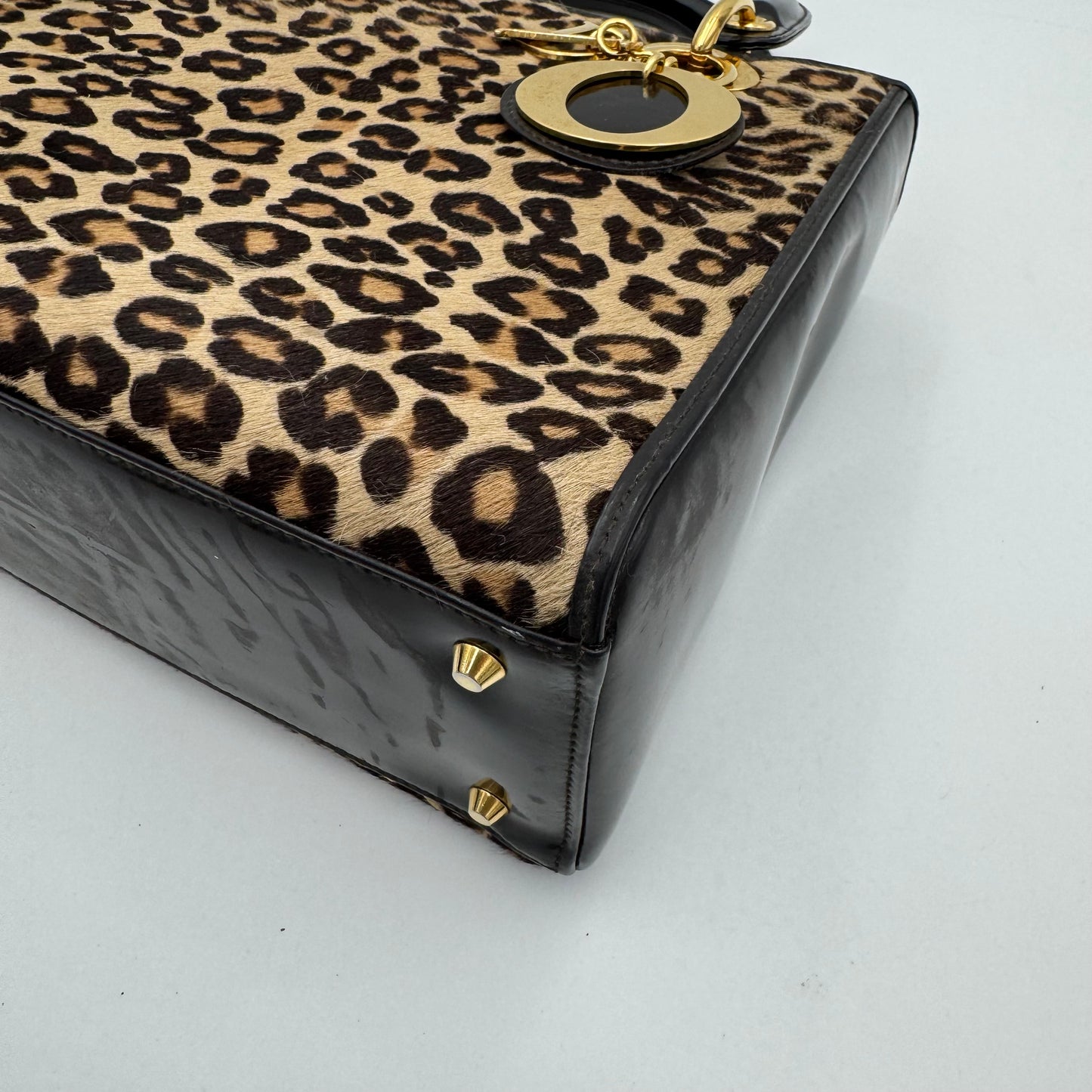 Christian Dior Leopard Print Fur Dark Brown Patent Leather Lady Dior with Long Strap GHW