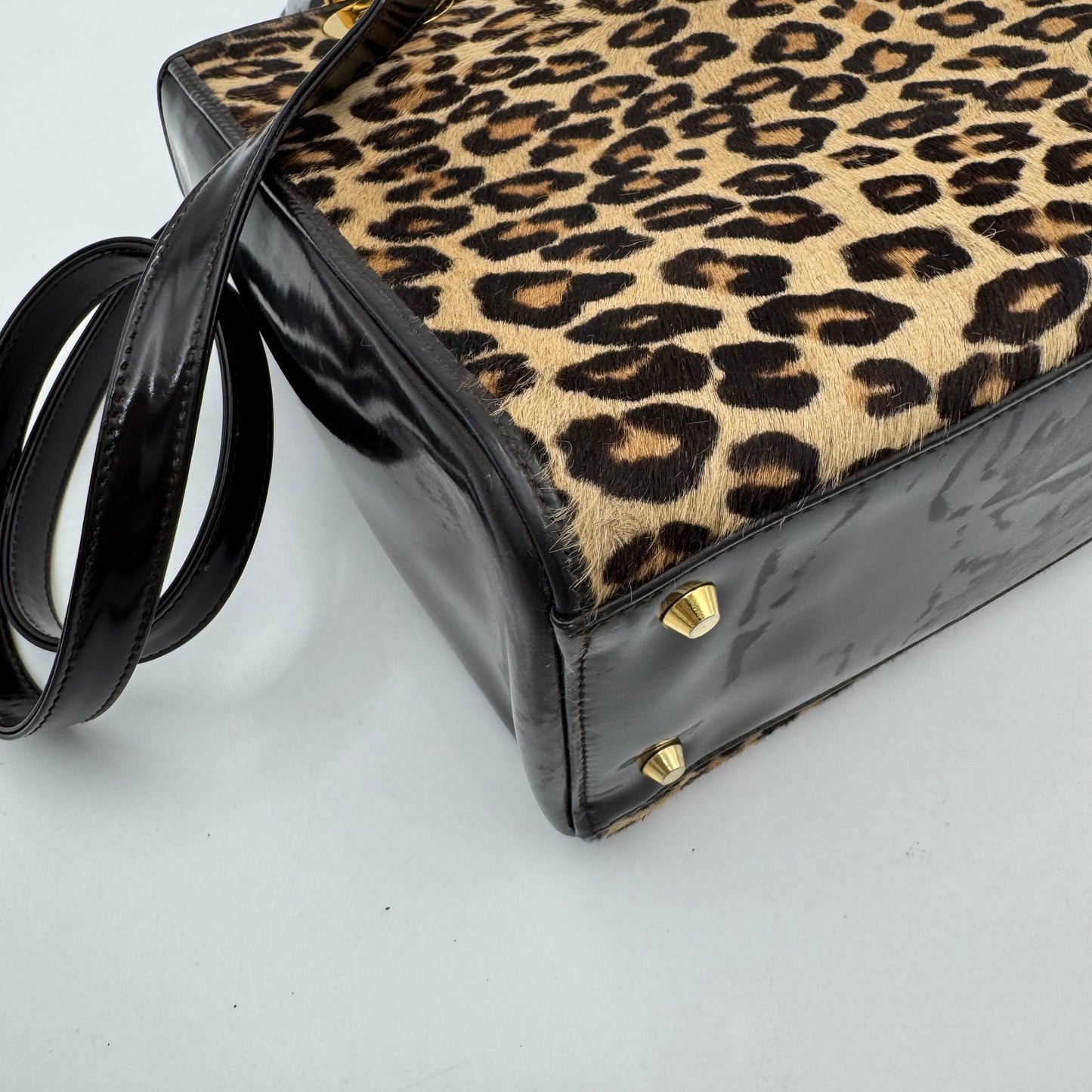Christian Dior Leopard Print Fur Dark Brown Patent Leather Lady Dior with Long Strap GHW