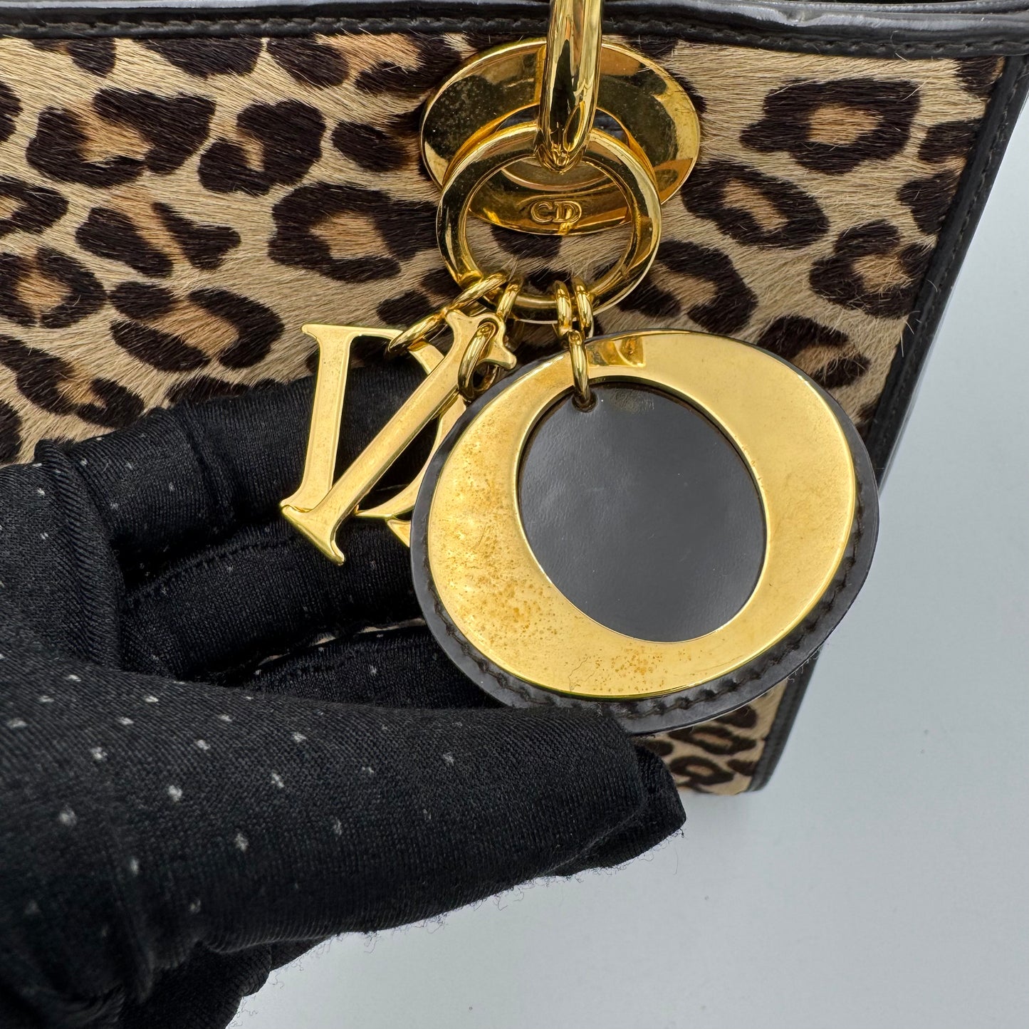 Christian Dior Leopard Print Fur Dark Brown Patent Leather Lady Dior with Long Strap GHW