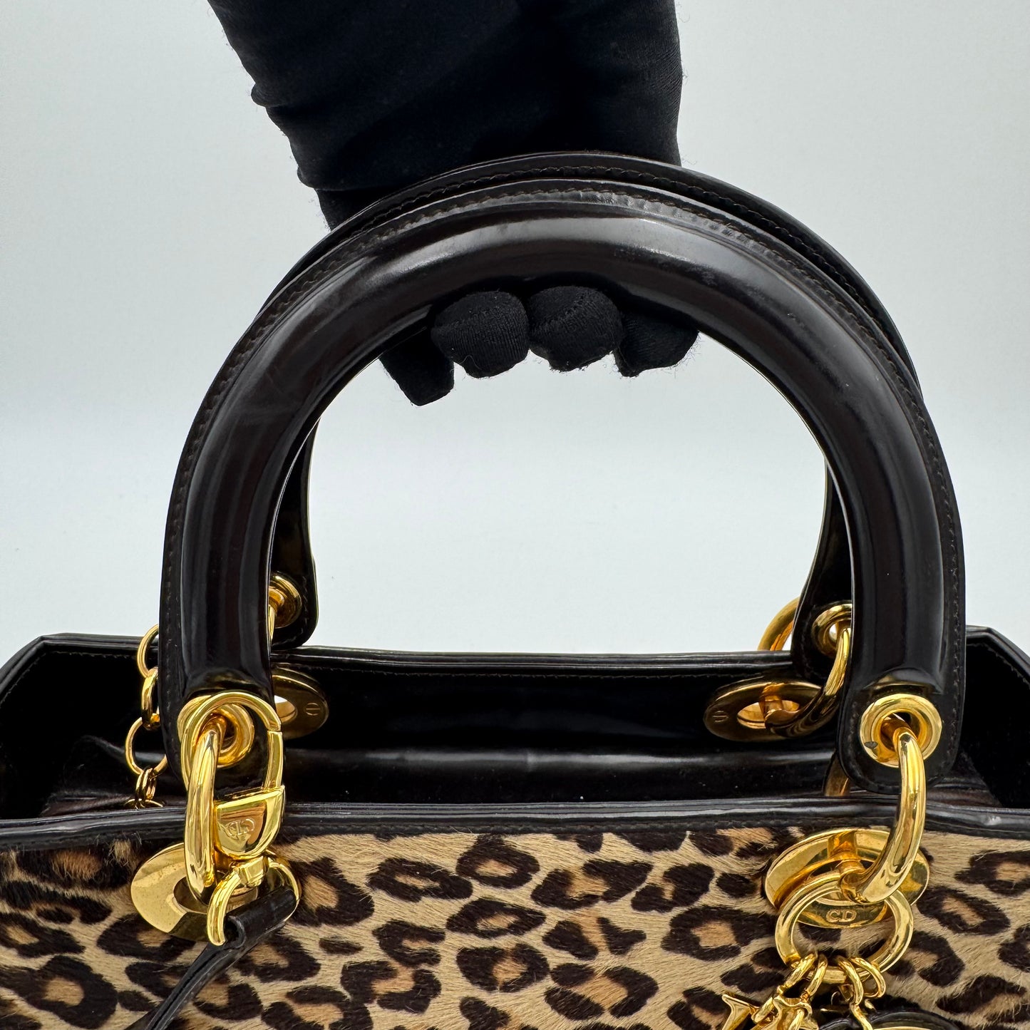Christian Dior Leopard Print Fur Dark Brown Patent Leather Lady Dior with Long Strap GHW