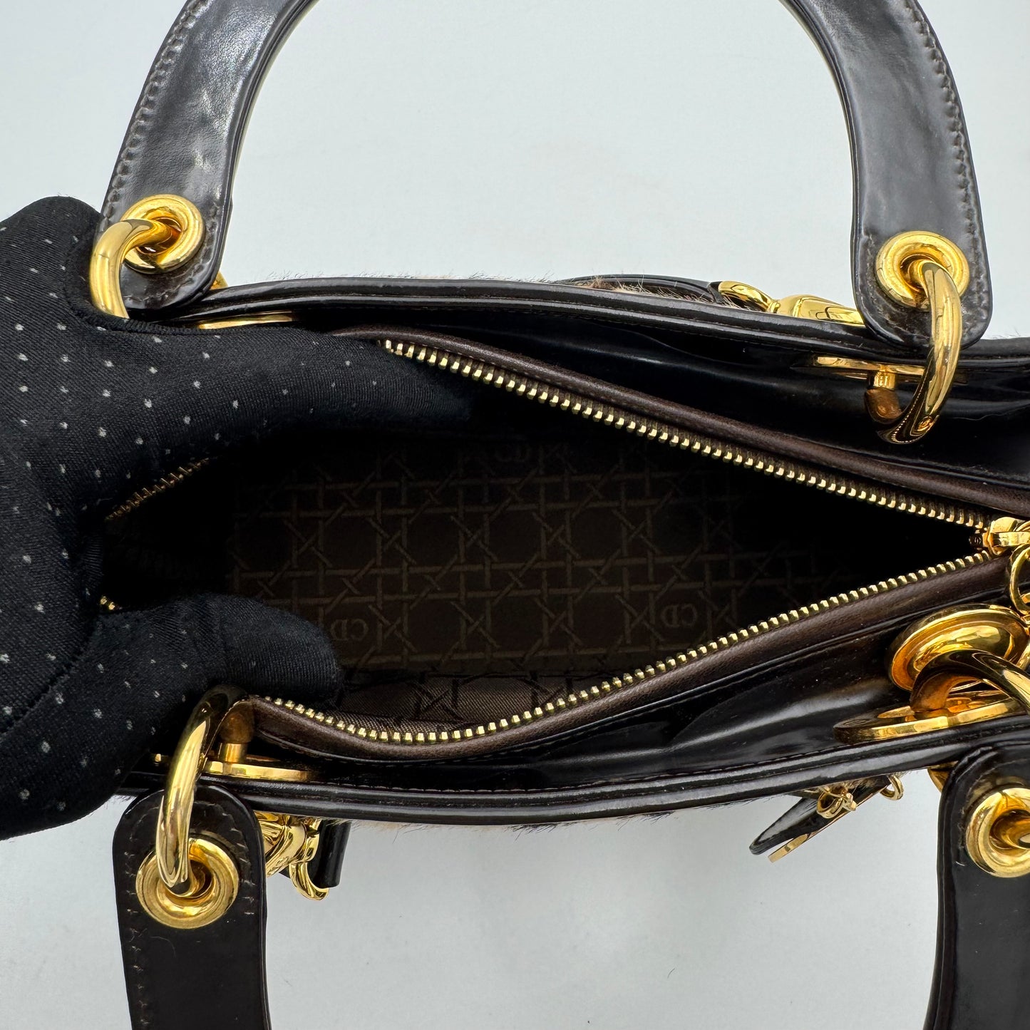 Christian Dior Leopard Print Fur Dark Brown Patent Leather Lady Dior with Long Strap GHW