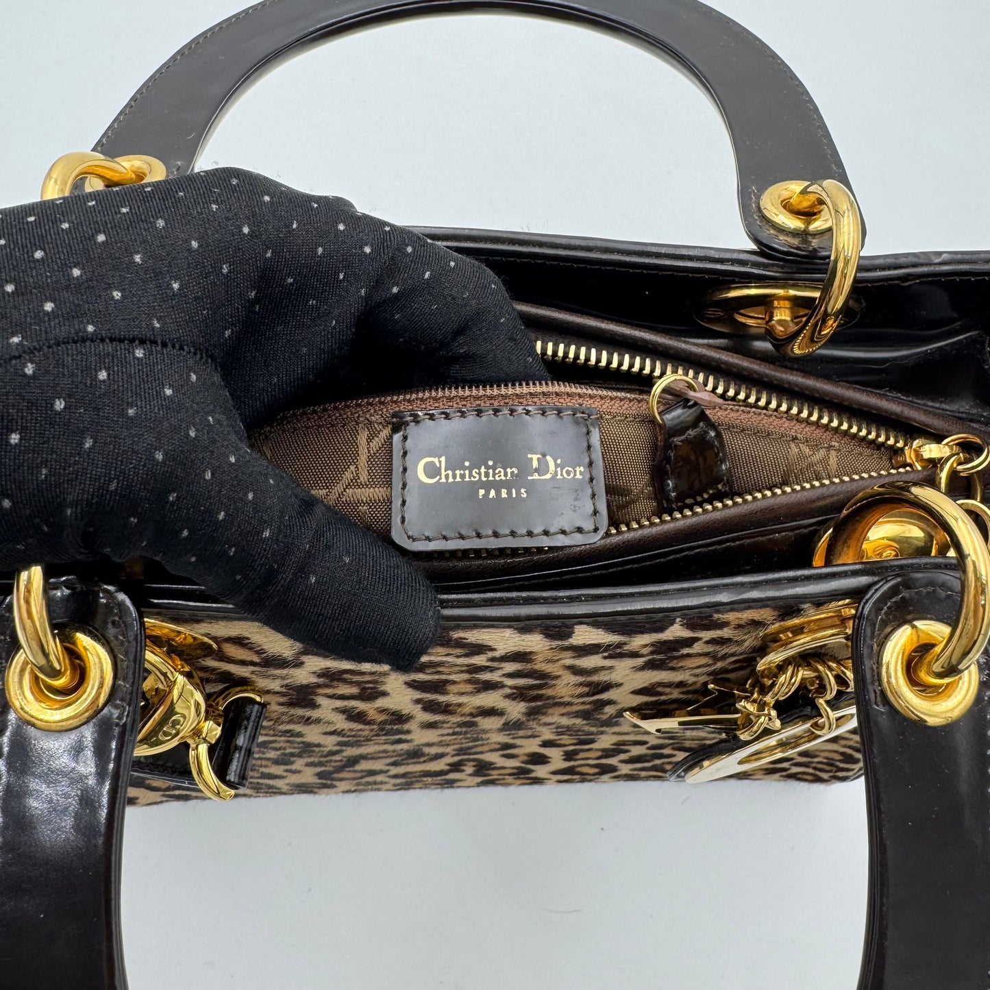 Christian Dior Leopard Print Fur Dark Brown Patent Leather Lady Dior with Long Strap GHW