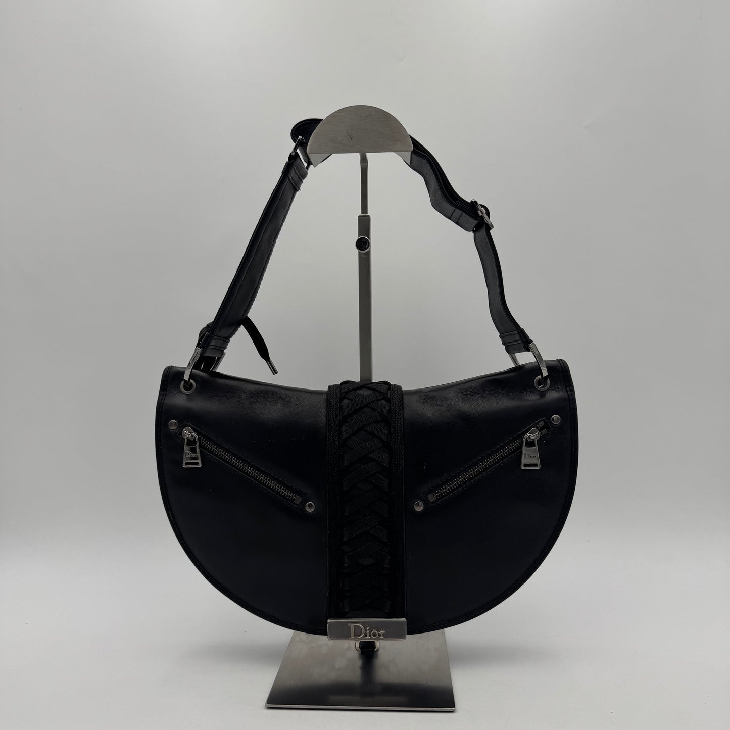 Christian Dior Black Leather Admit It Lune Corset Lace-Up Shoulder Bag