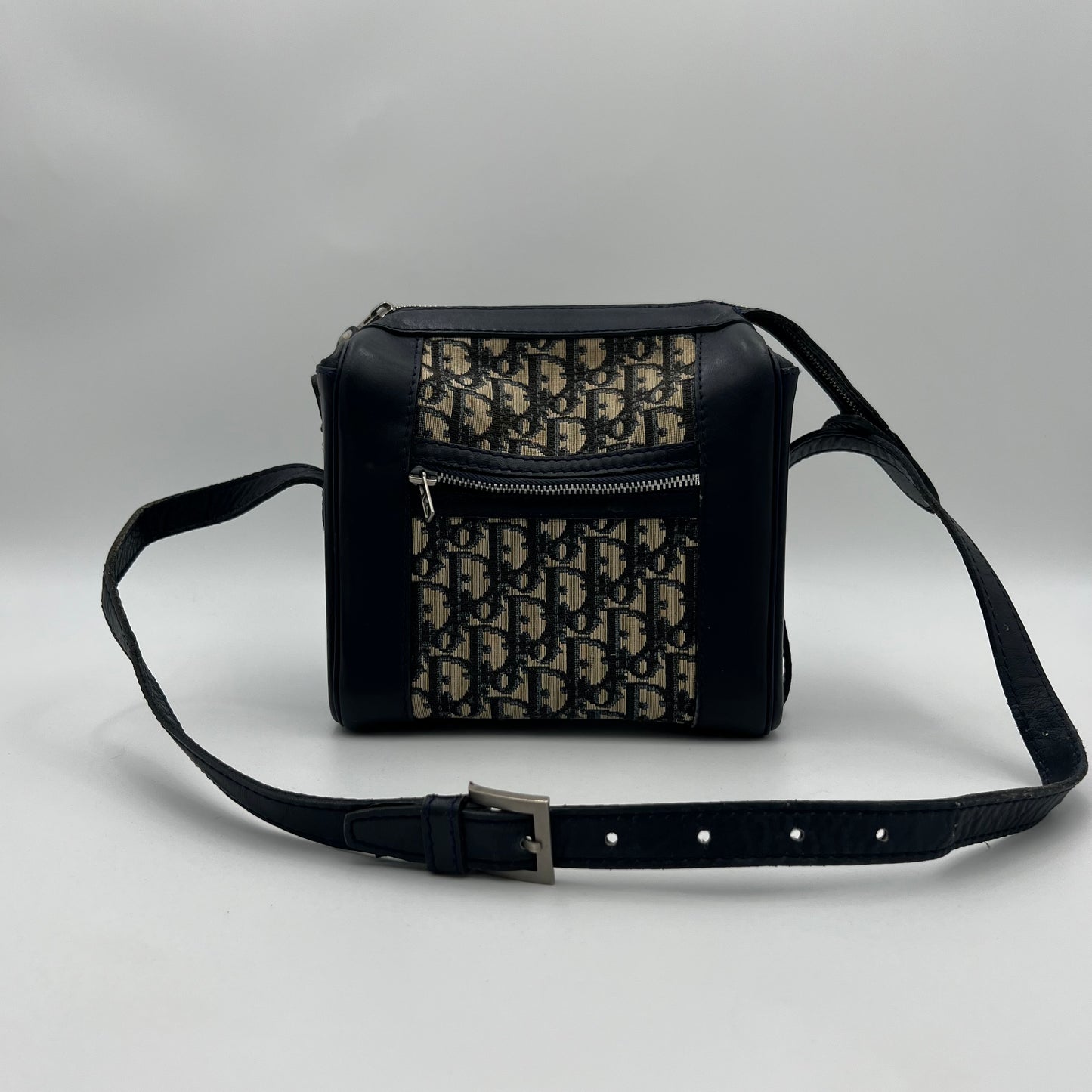 Christian Dior 1970s/1980s Blue Trotter Canvas and Leather Box Shoulder Satchel