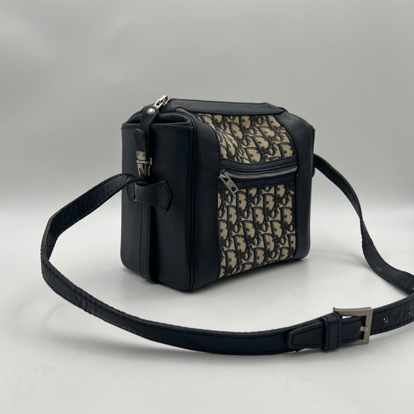 Christian Dior 1970s/1980s Blue Trotter Canvas and Leather Box Shoulder Satchel