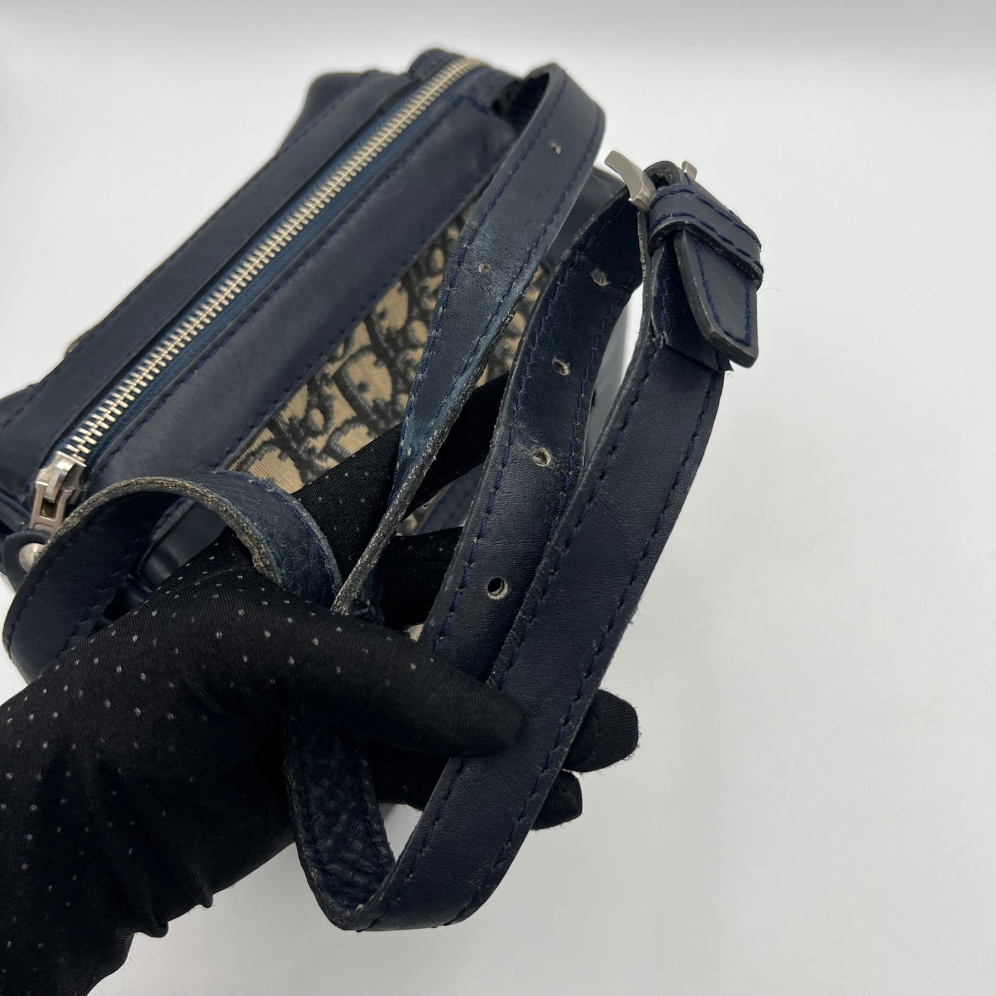 Christian Dior 1970s/1980s Blue Trotter Canvas and Leather Box Shoulder Satchel