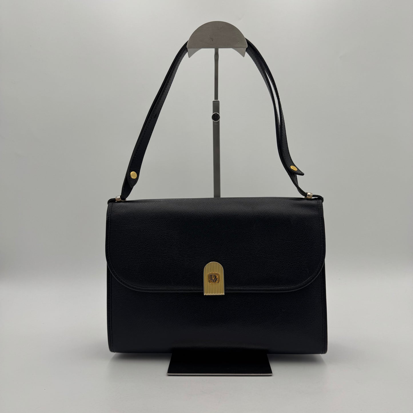 Christian Dior Vintage Black Leather Gold Logo Flap Shoulder Bag