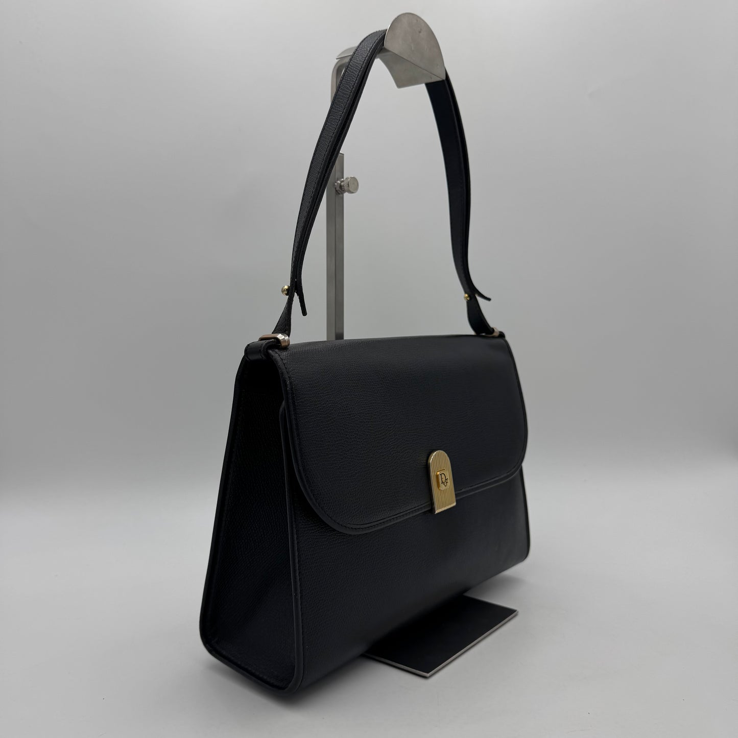 Christian Dior Vintage Black Leather Gold Logo Flap Shoulder Bag