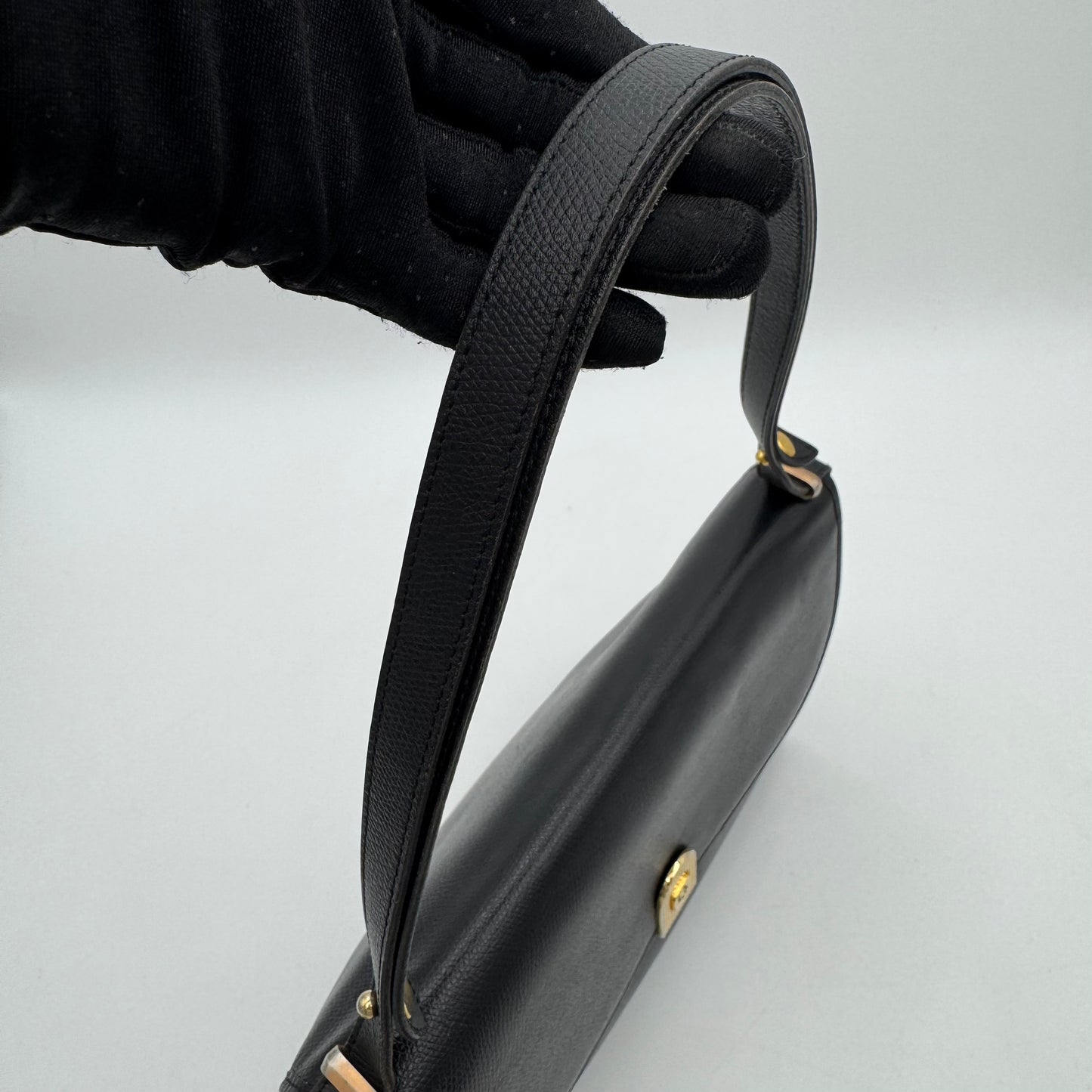 Christian Dior Vintage Black Leather Gold Logo Flap Shoulder Bag