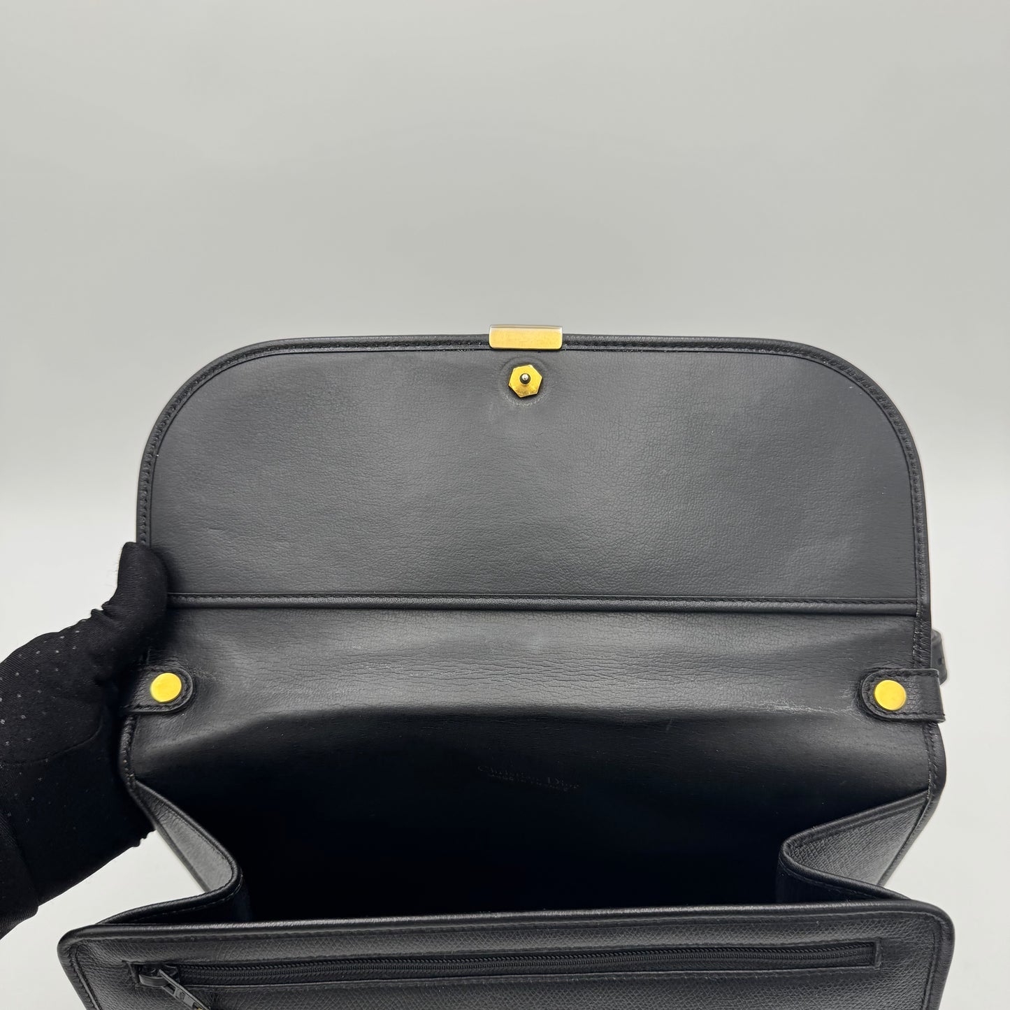 Christian Dior Vintage Black Leather Gold Logo Flap Shoulder Bag