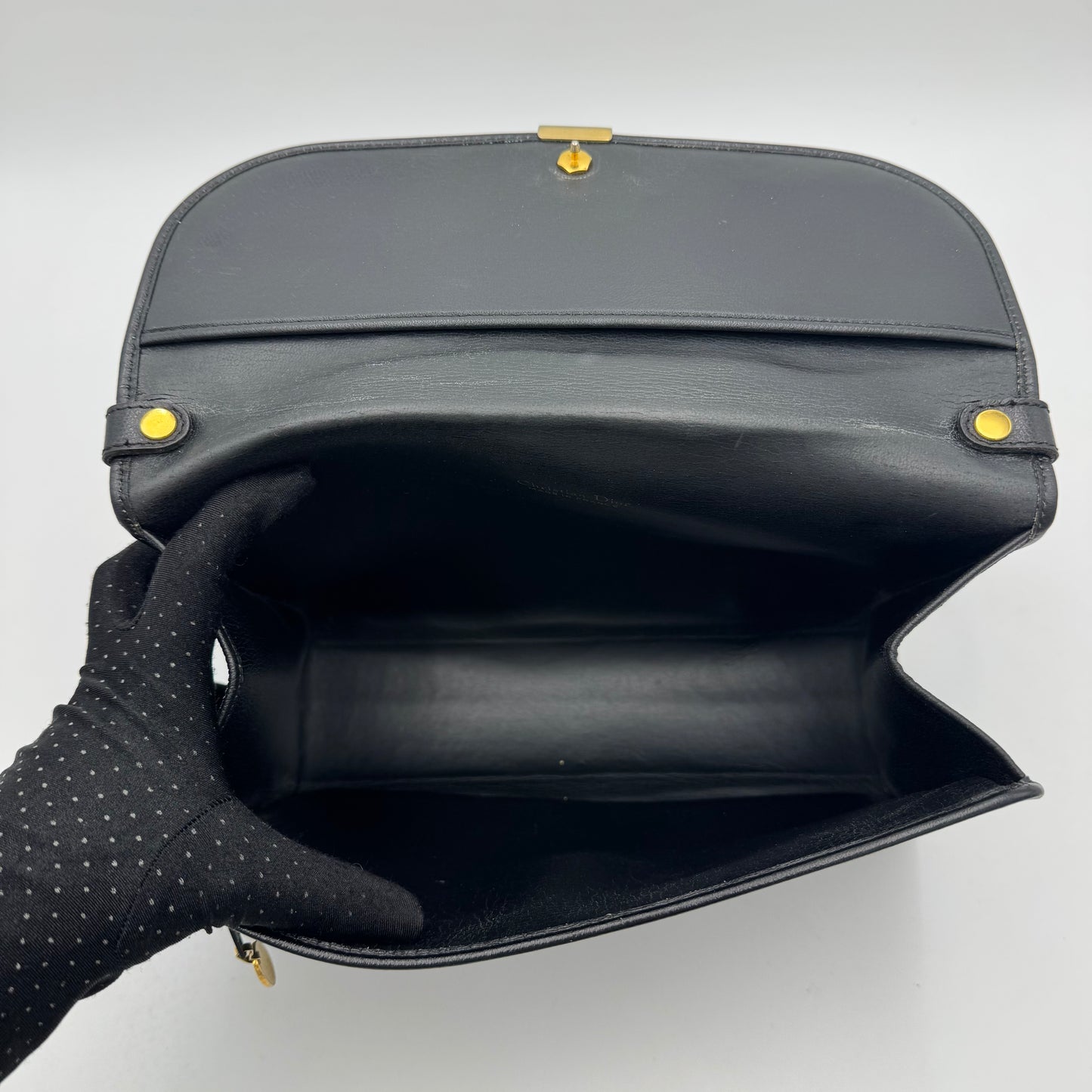 Christian Dior Vintage Black Leather Gold Logo Flap Shoulder Bag