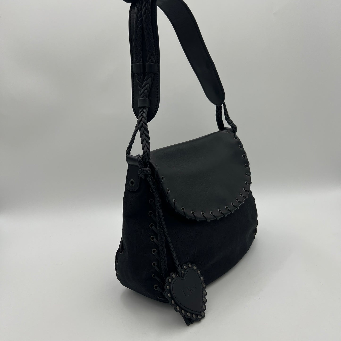 Christian Dior Black Trotter Canvas and Leather Ethnic Flap Shoulder Bag