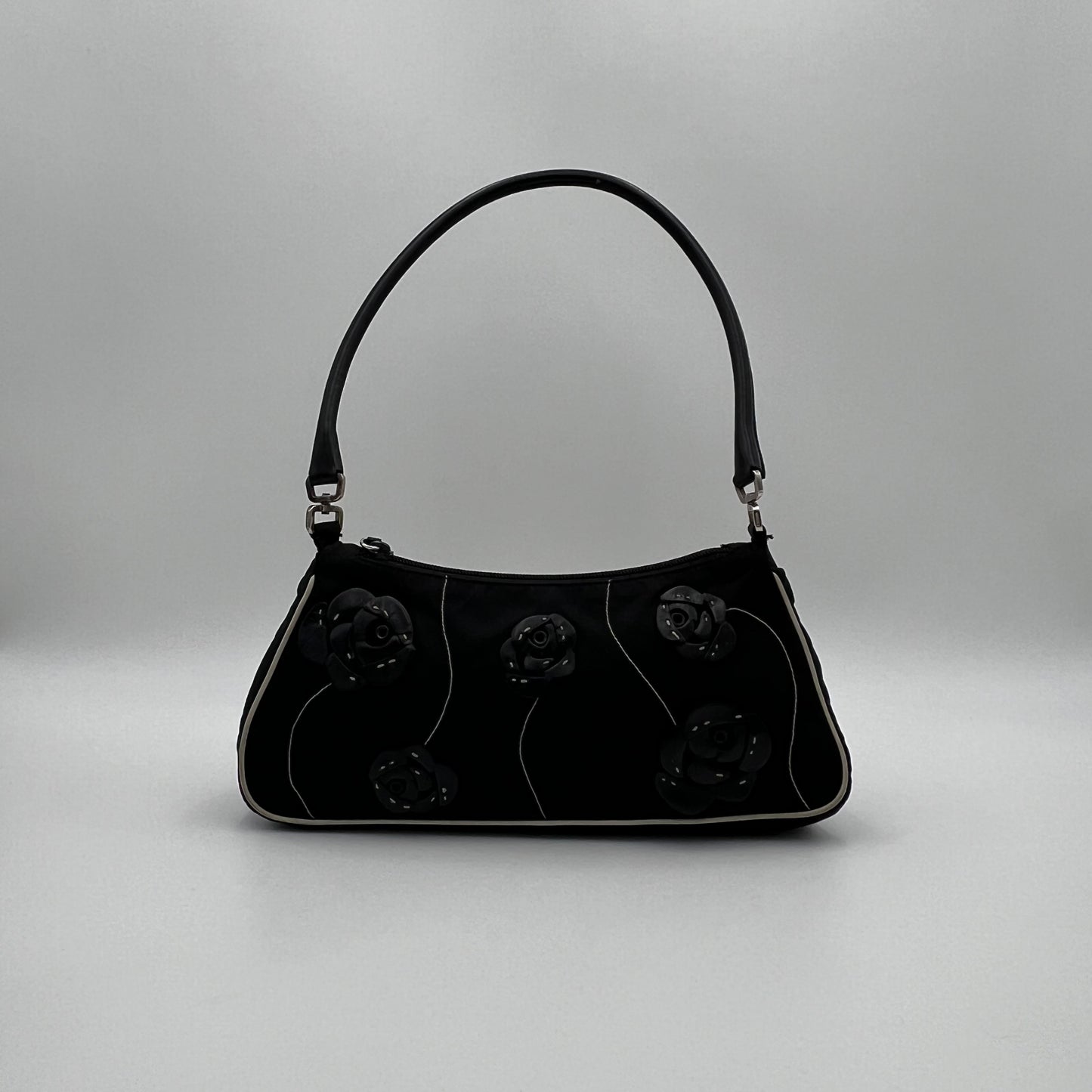 Prada Black Nylon and Leather Floral Applique Shoulder Bag
