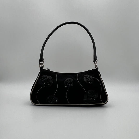 Prada Black Nylon and Leather Floral Applique Shoulder Bag